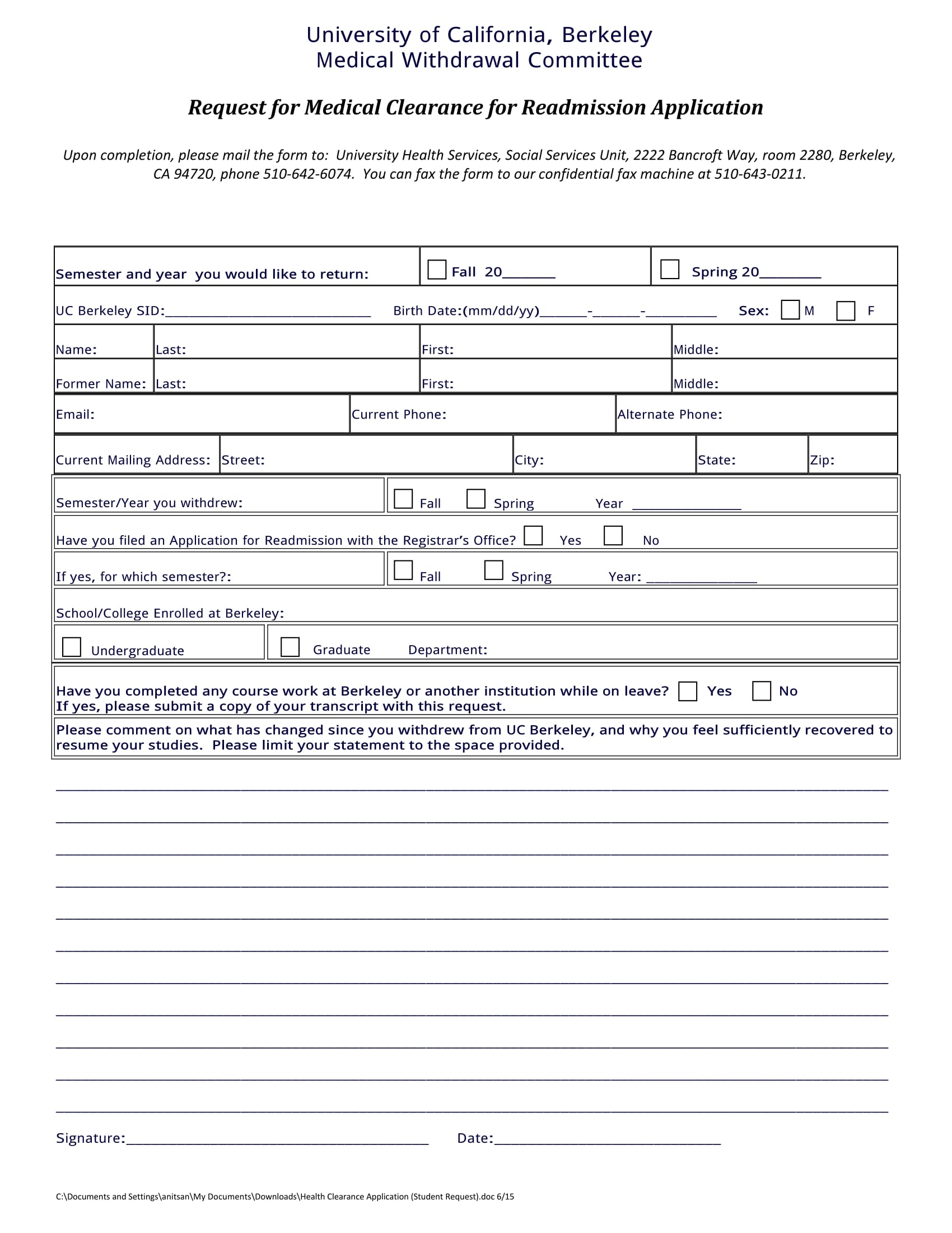 readmission application medical clearance form 1