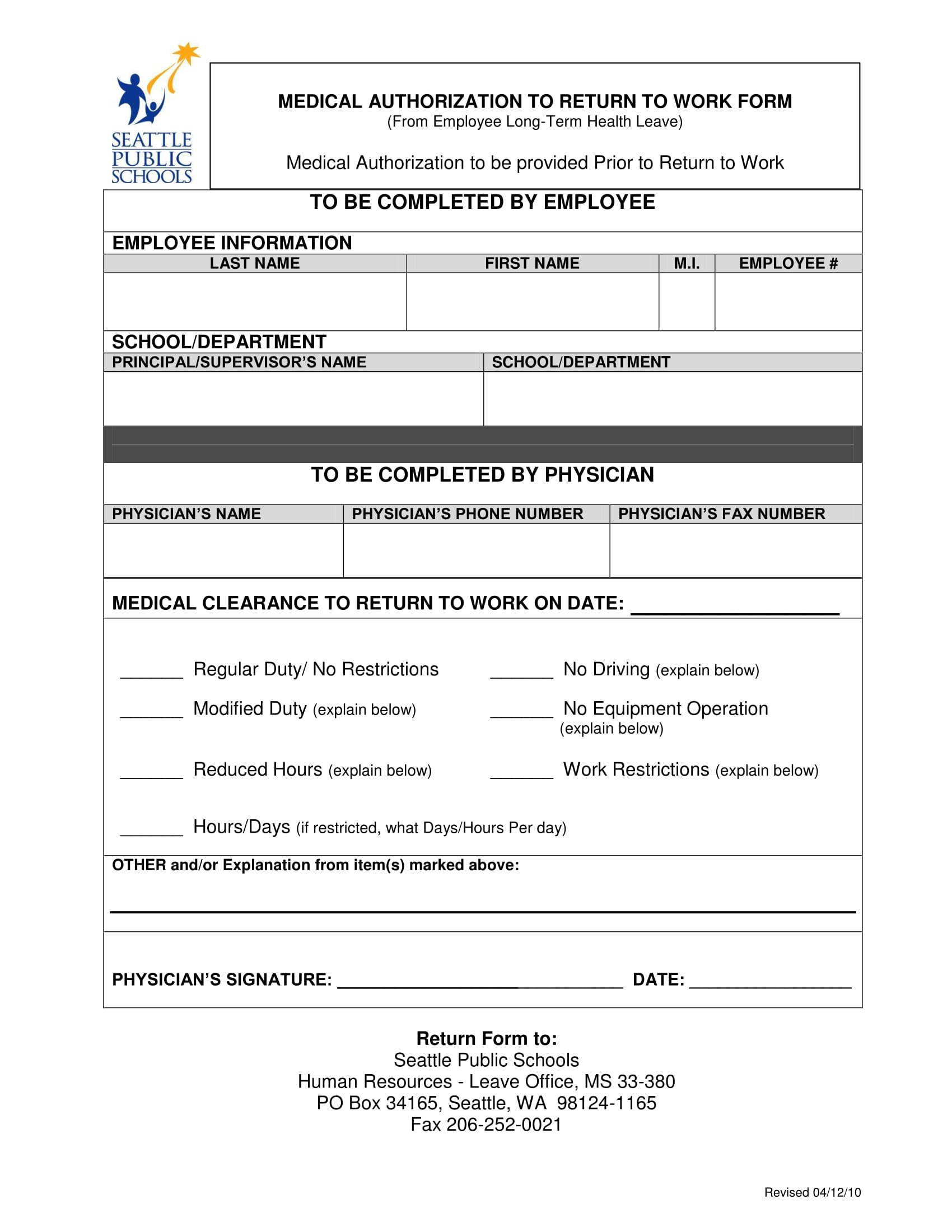 return to work medical clearance form 1