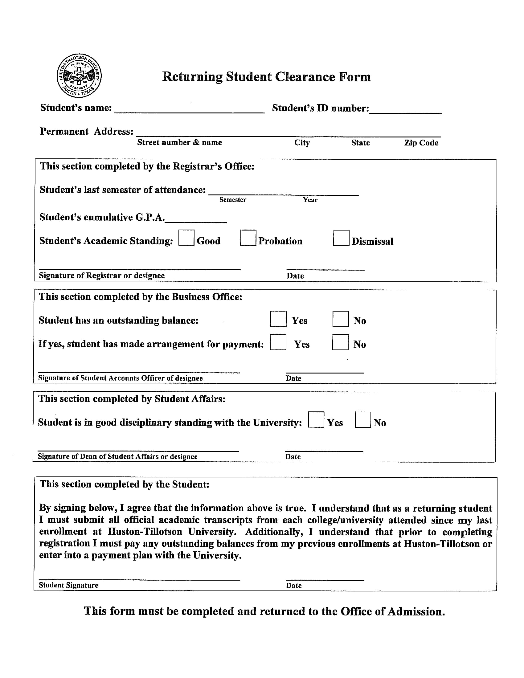 returning student clearance form 1
