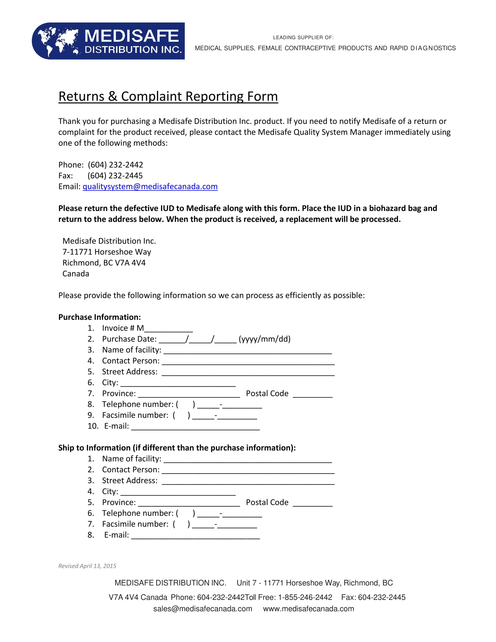 returns complaint reporting form 1