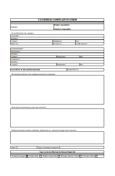 sample customer complaint form