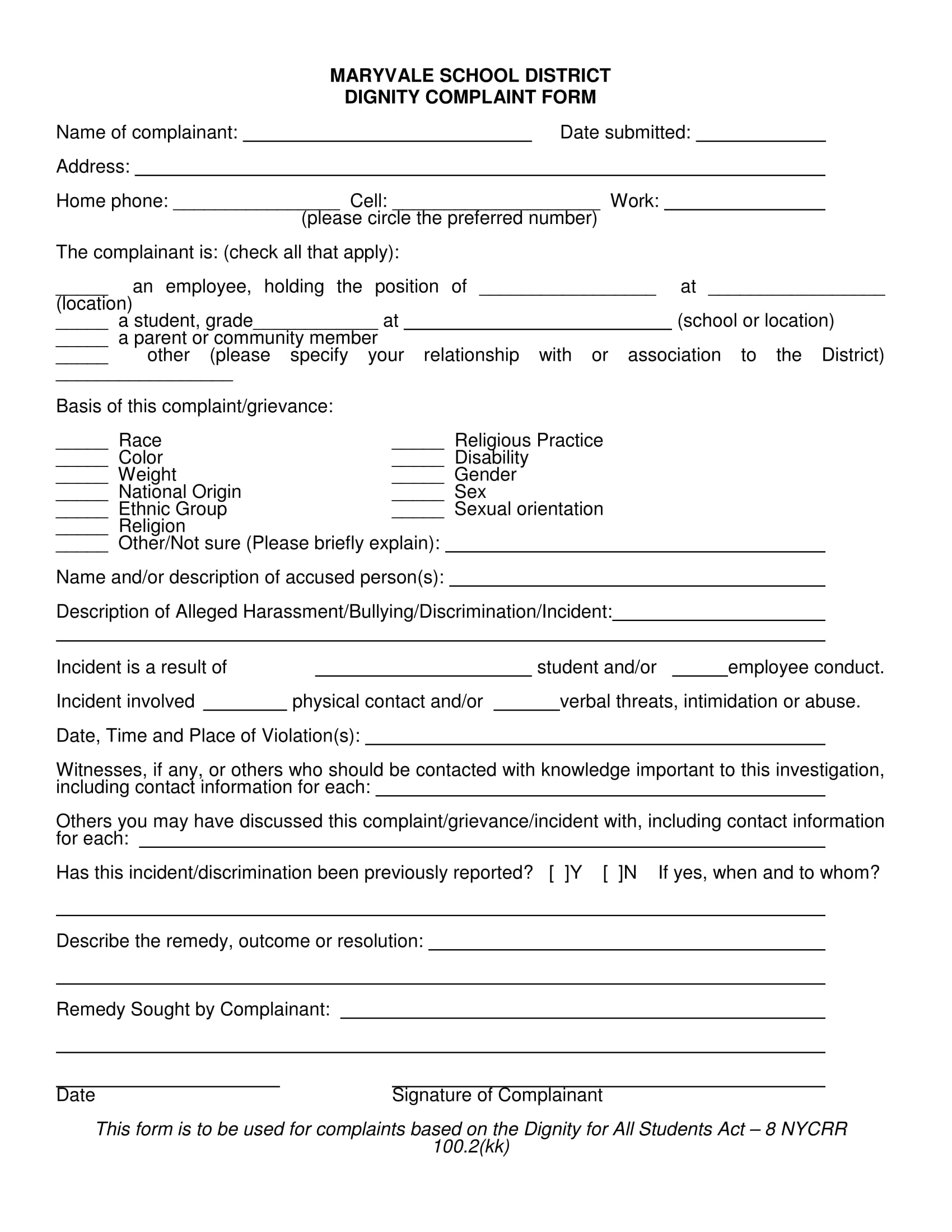 school dignity complaint form 1