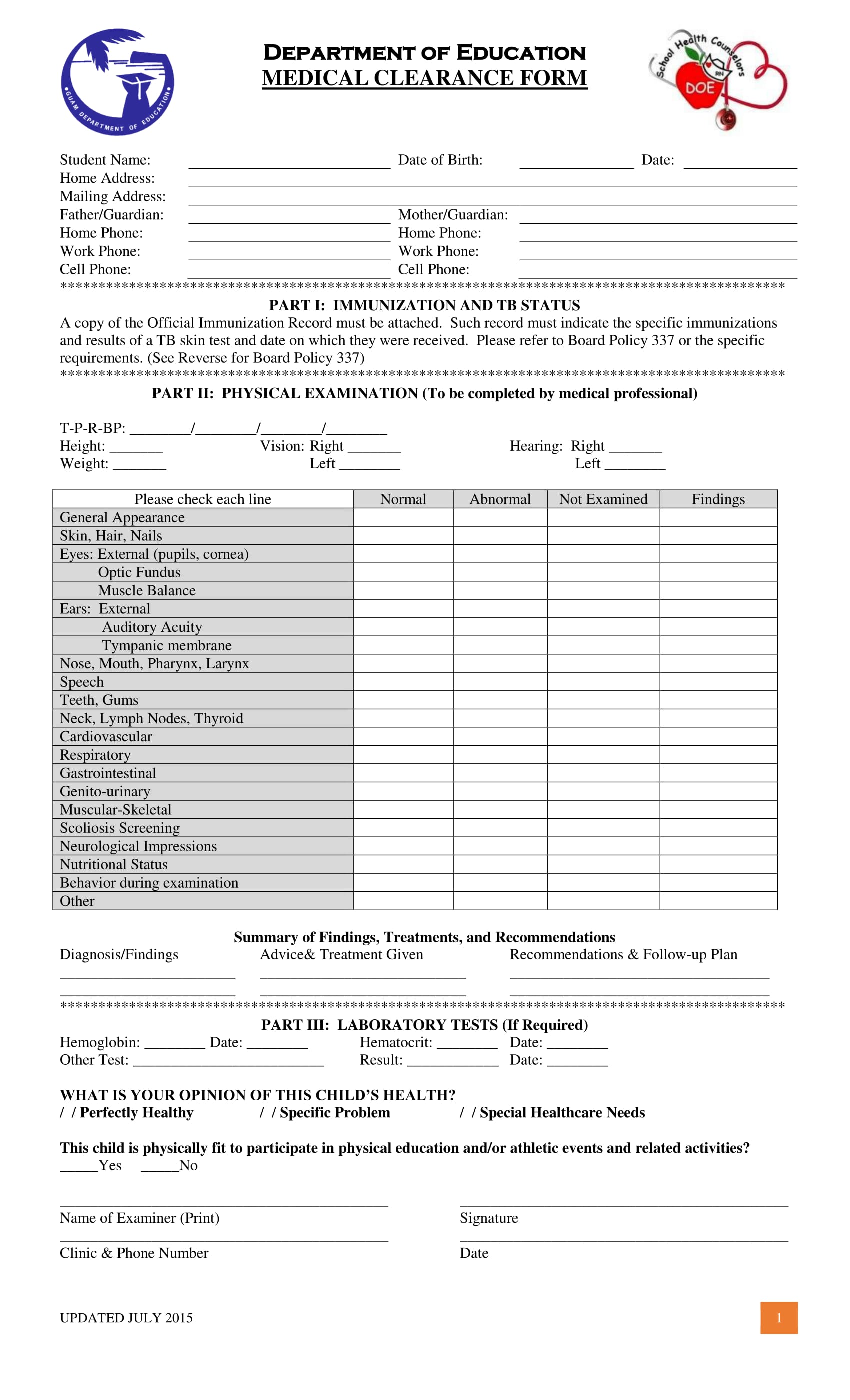 school medical clearance form 1