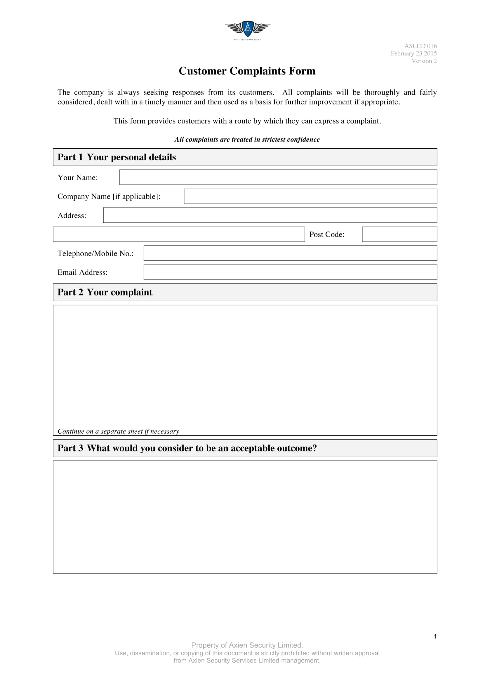 security customer complaint form 1
