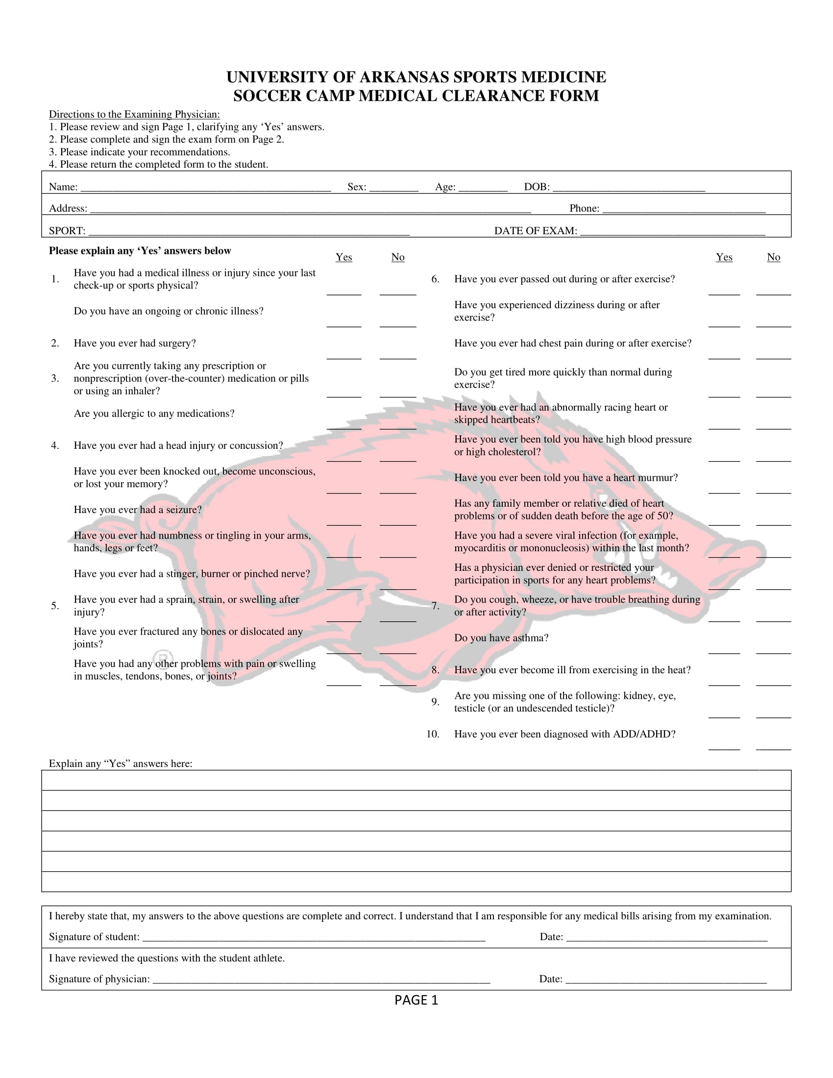 soccer camp medical clearance form 1