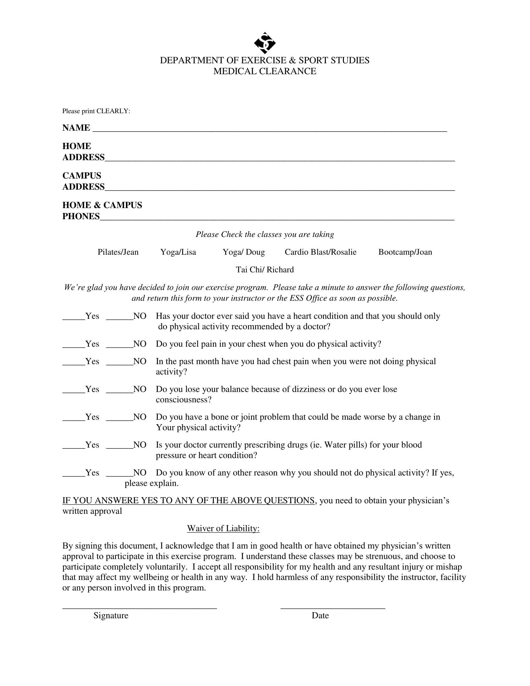 sports class medical clearance form 1