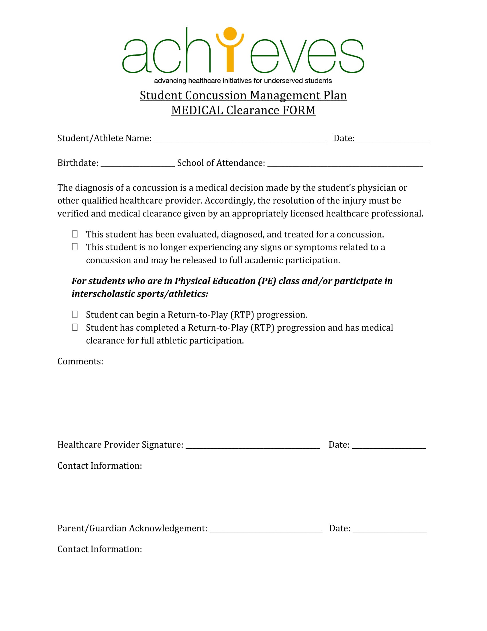 student concussion medical clearance form 1