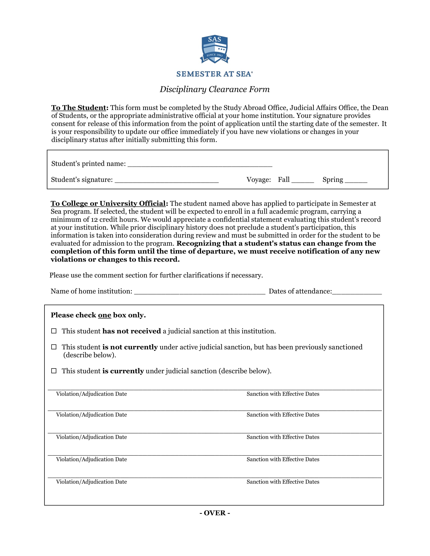 student disciplinary clearance form 1