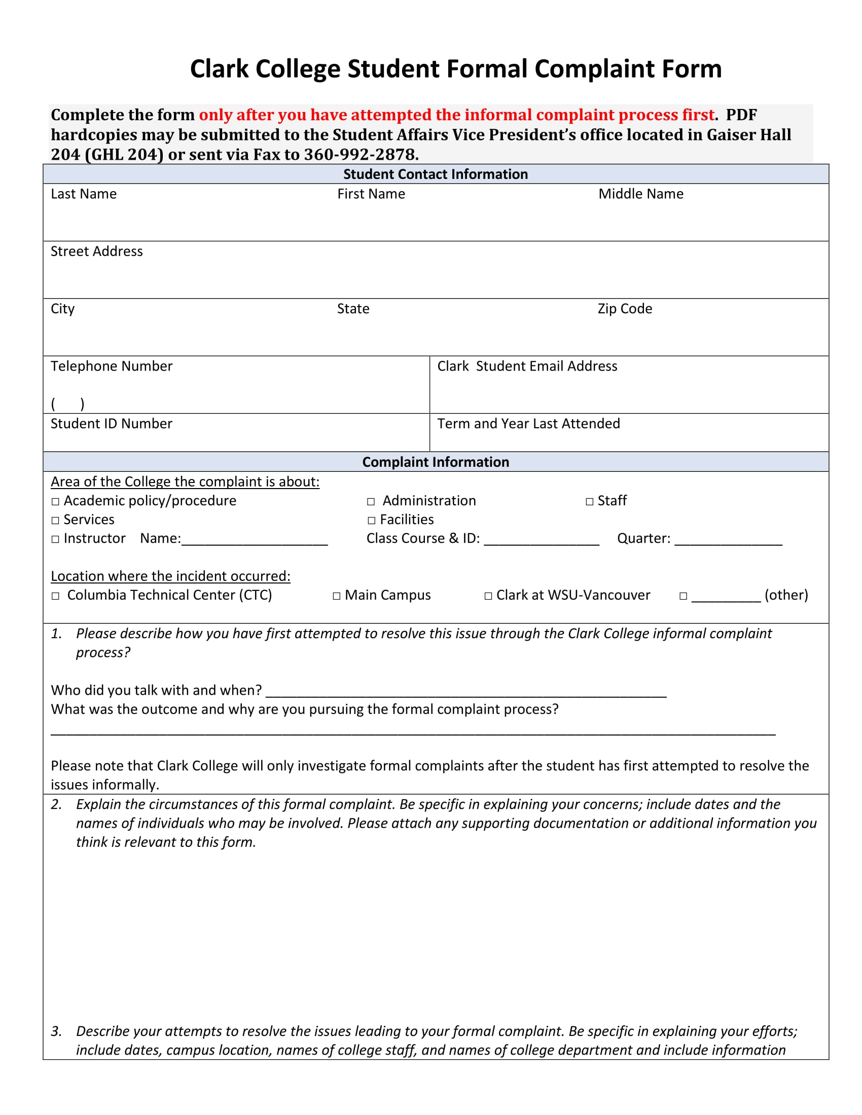 student formal complaint form 1