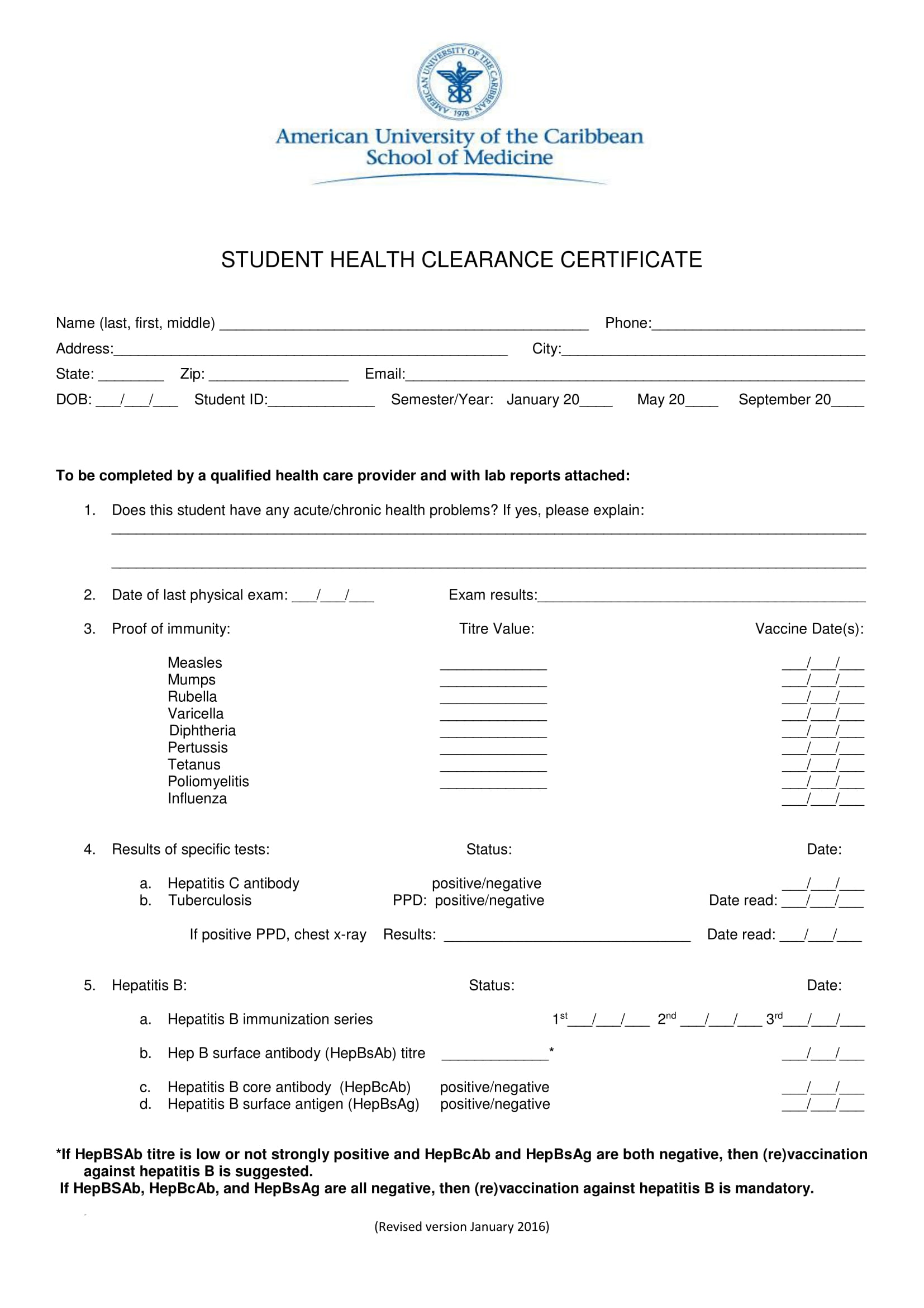 student health clearance certificate form 1