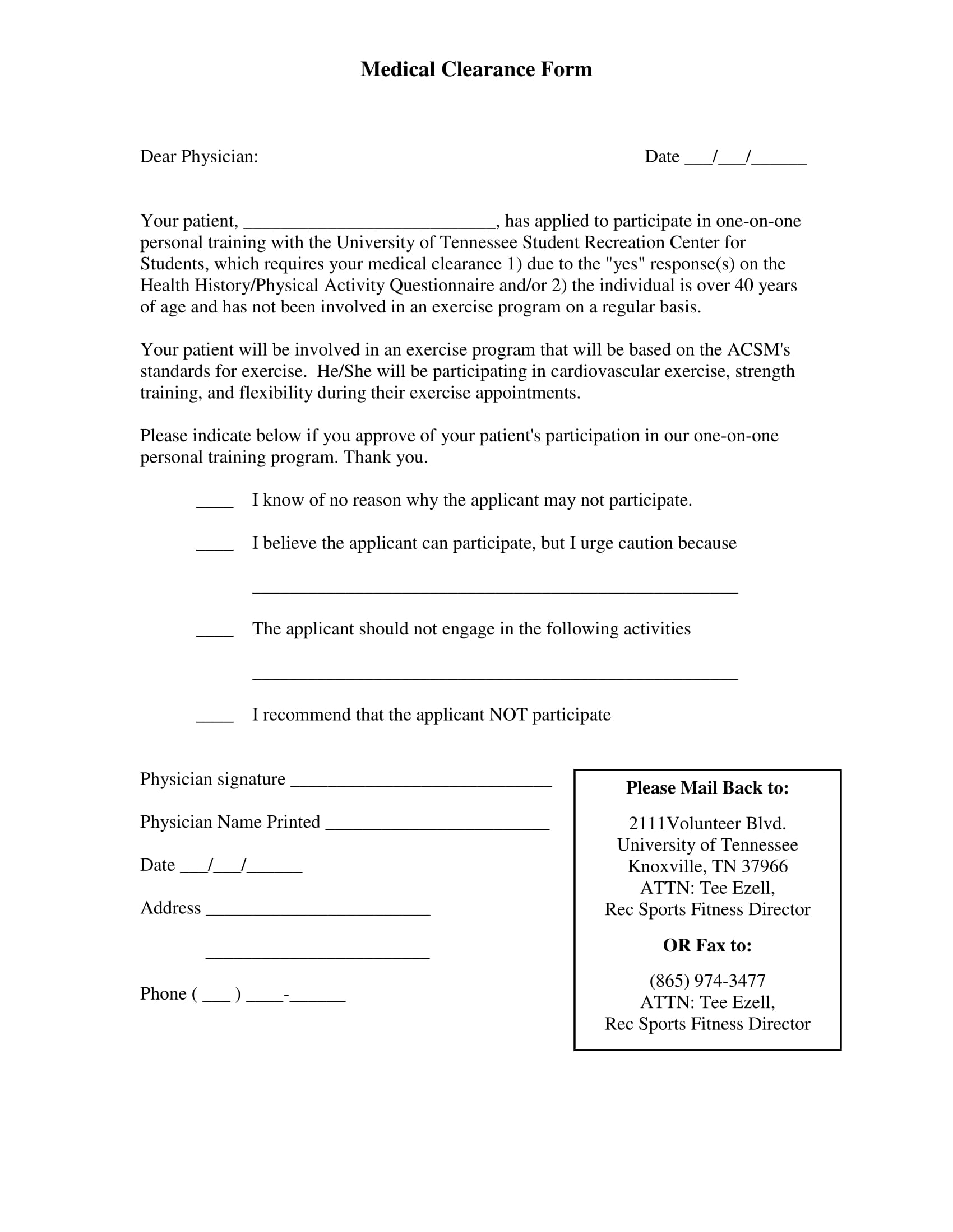 student recreation medical clearance form 1