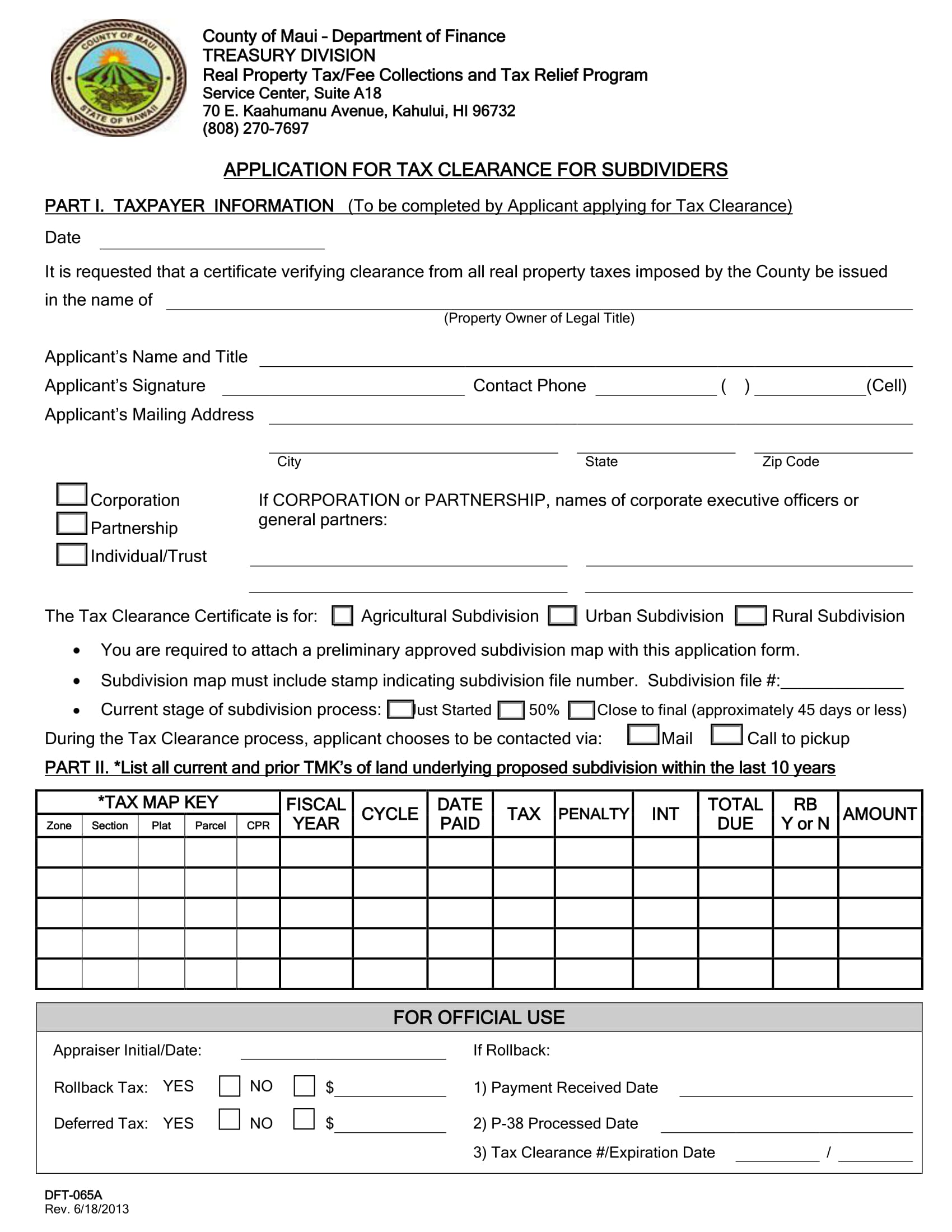 subdividers tax clearance application form 1
