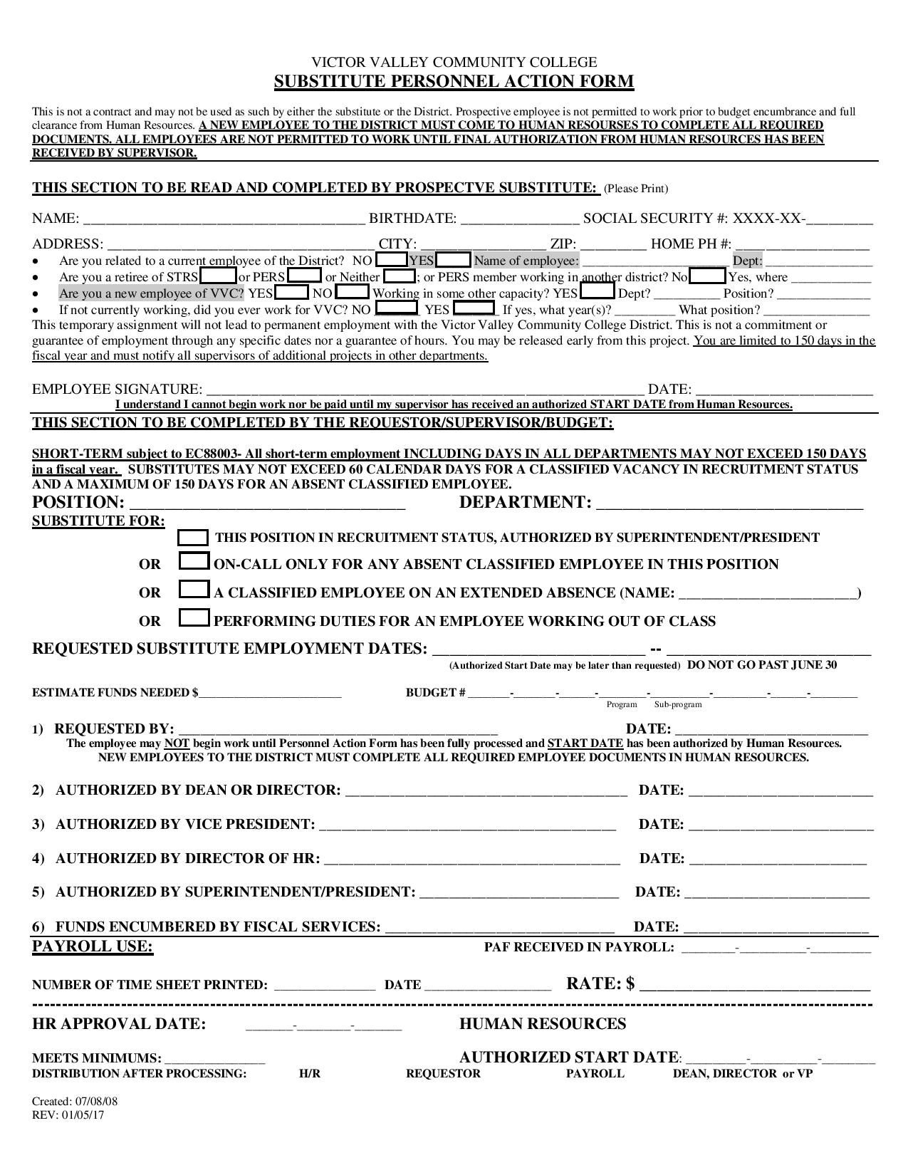 substitute personnel action form page 001