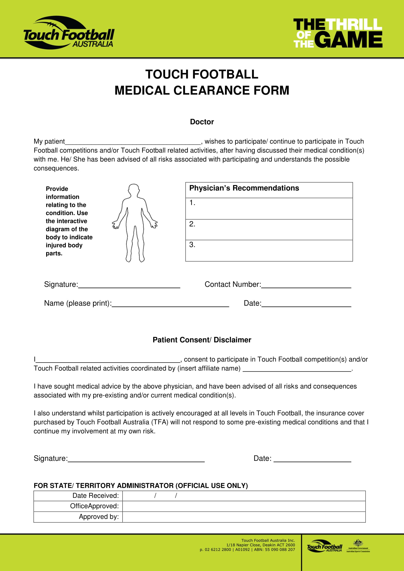 touch football medical clearance form 1