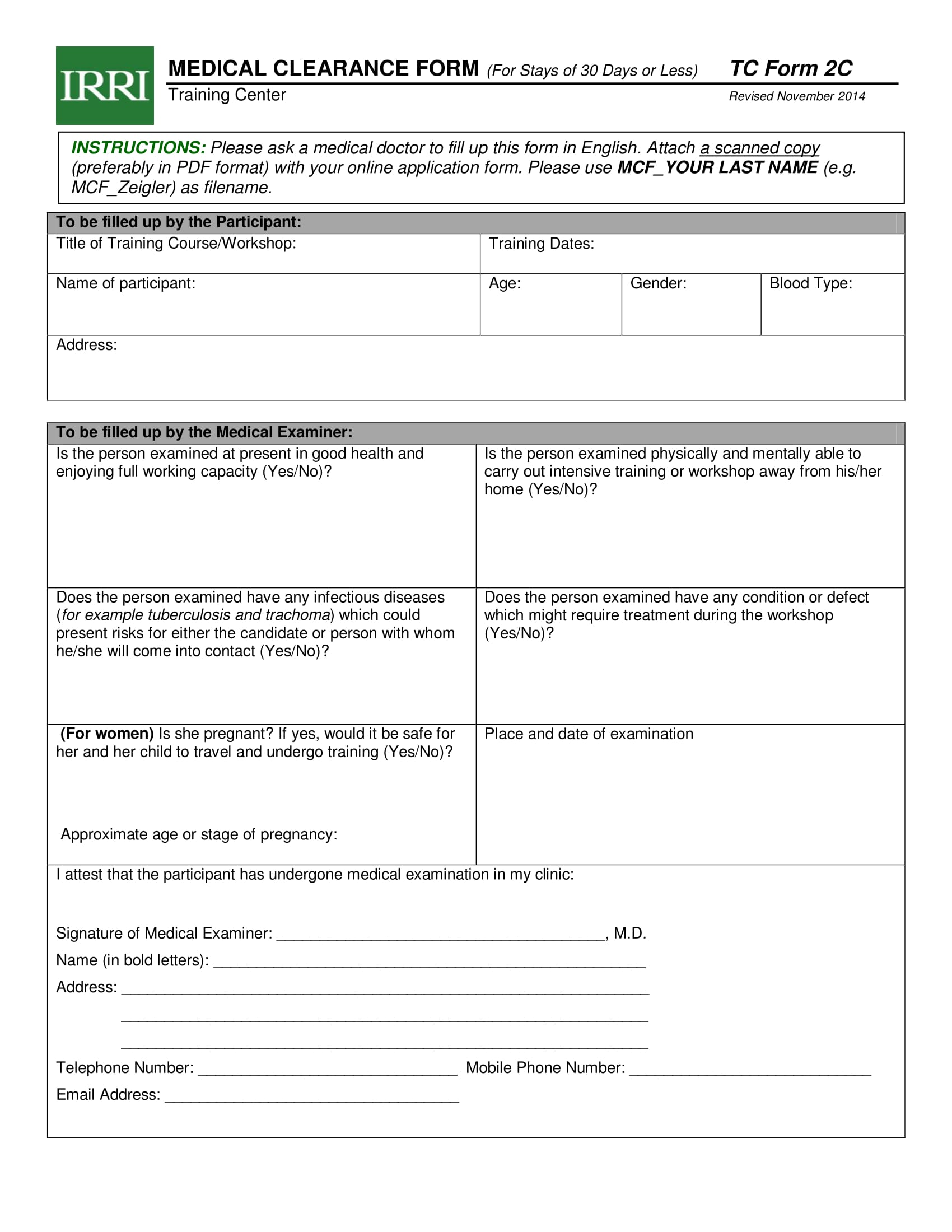 training medical clearance form 1