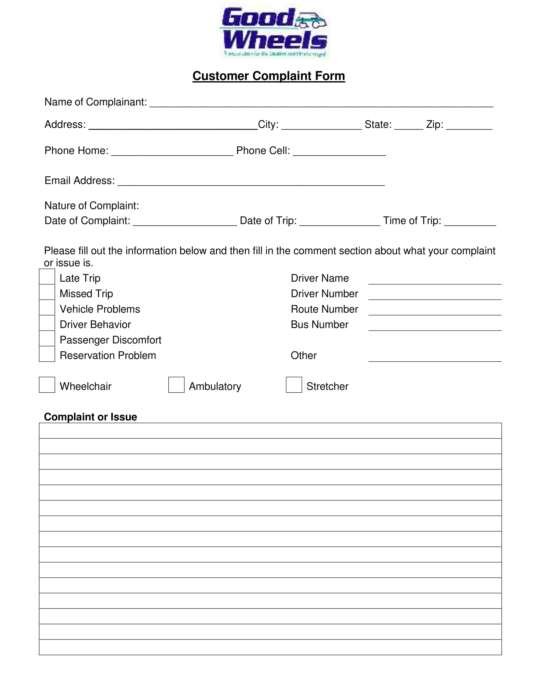 vehicle customer complaint form 1