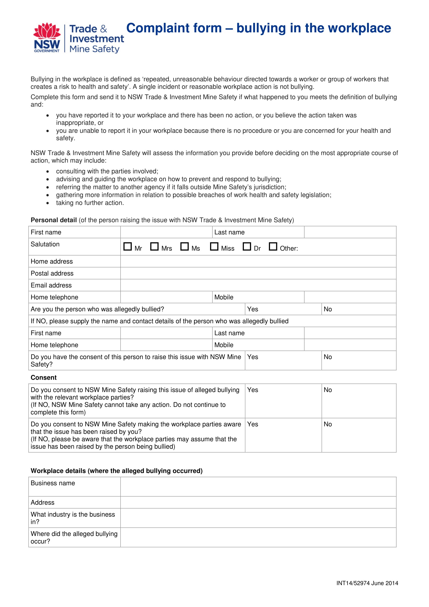 workplace bullying complaint form 1