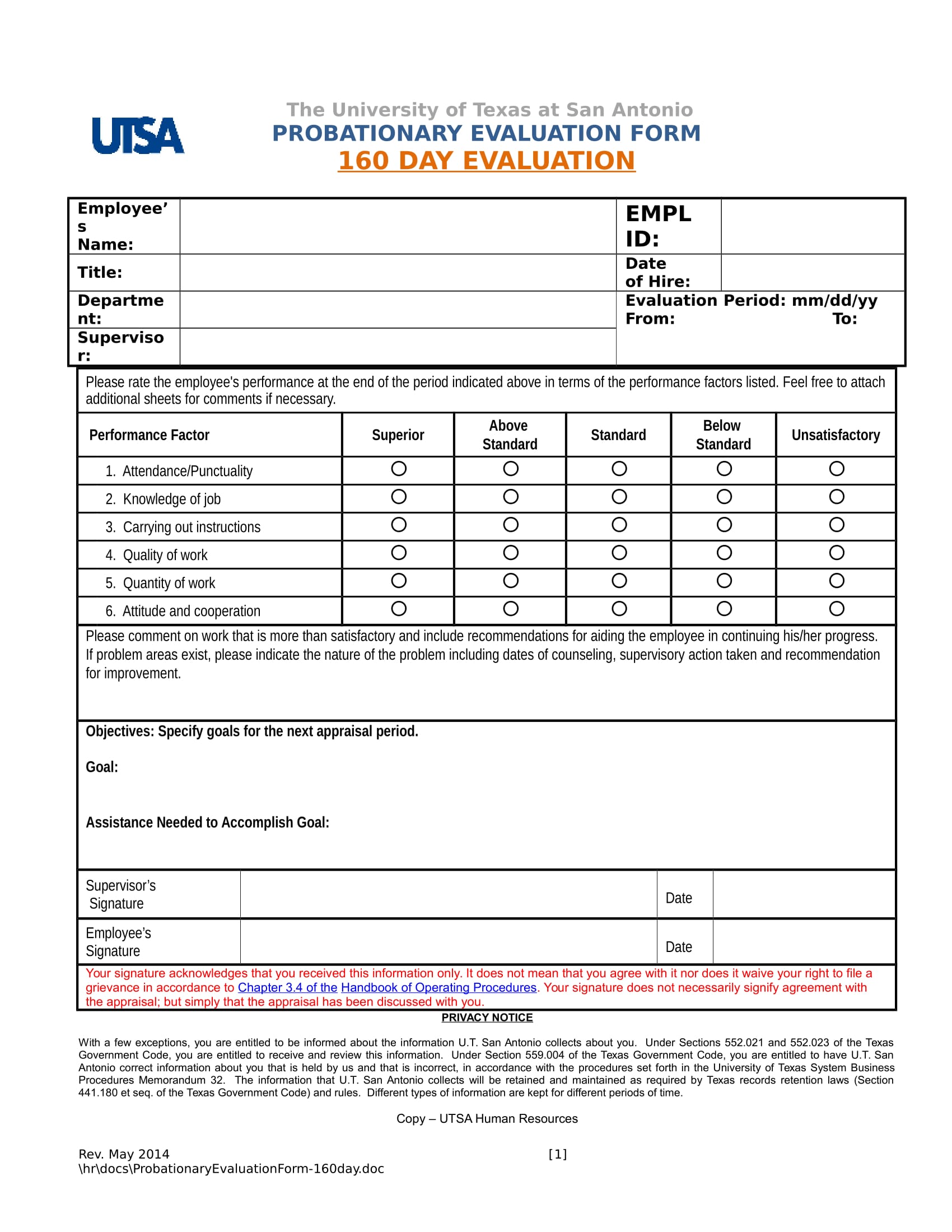 160 day probationary evaluation form 1