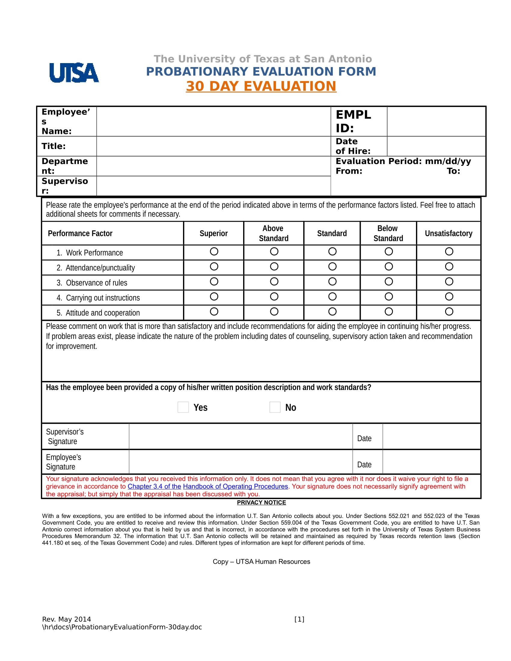 30 day probationary evaluation review form 1