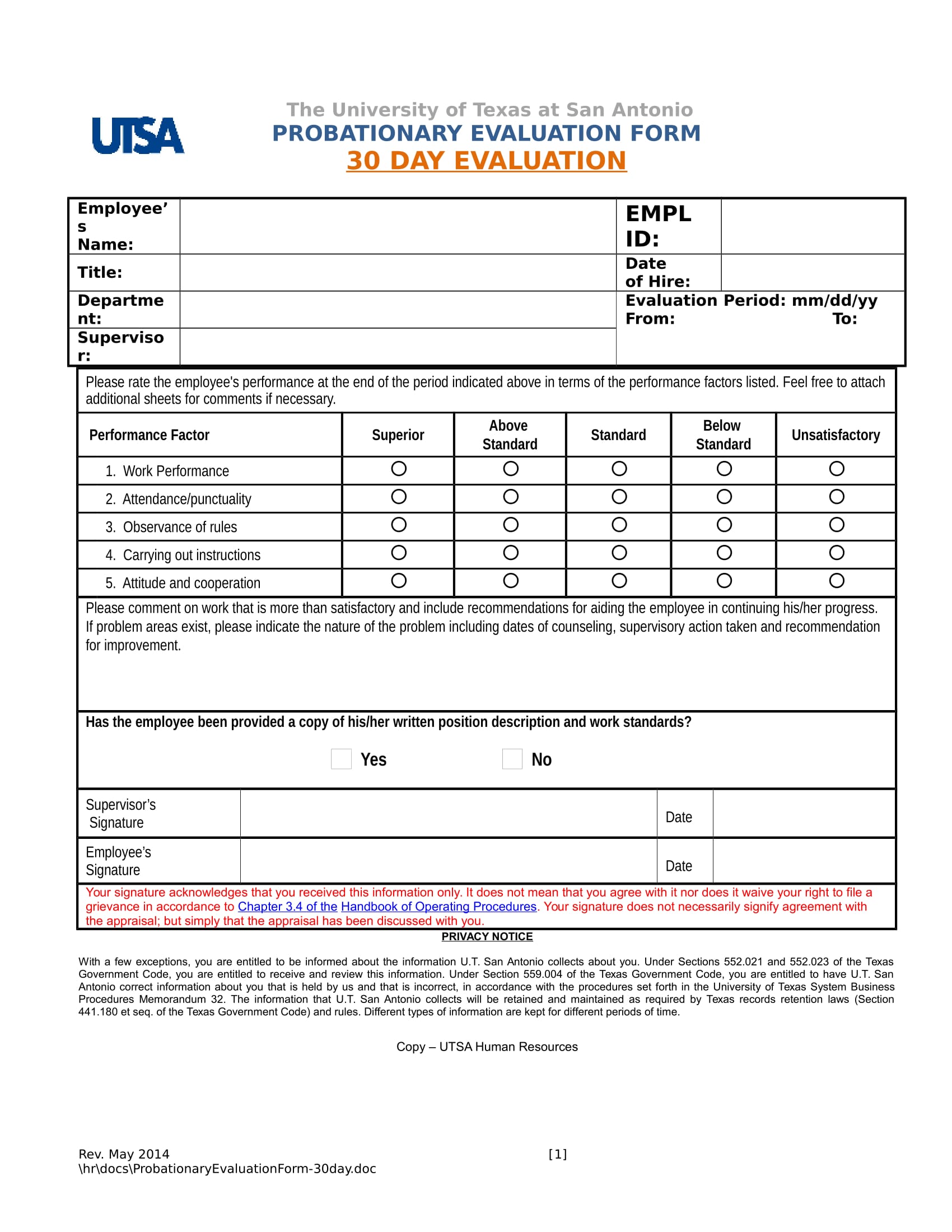 Employee 30 Day Probation Form
