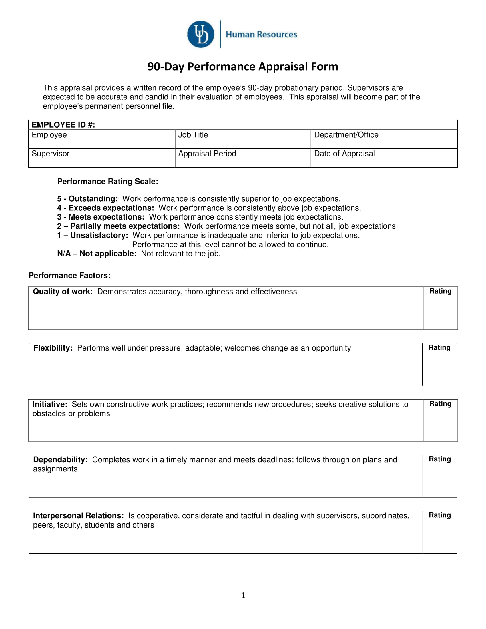 90 day performance appraisal form 1