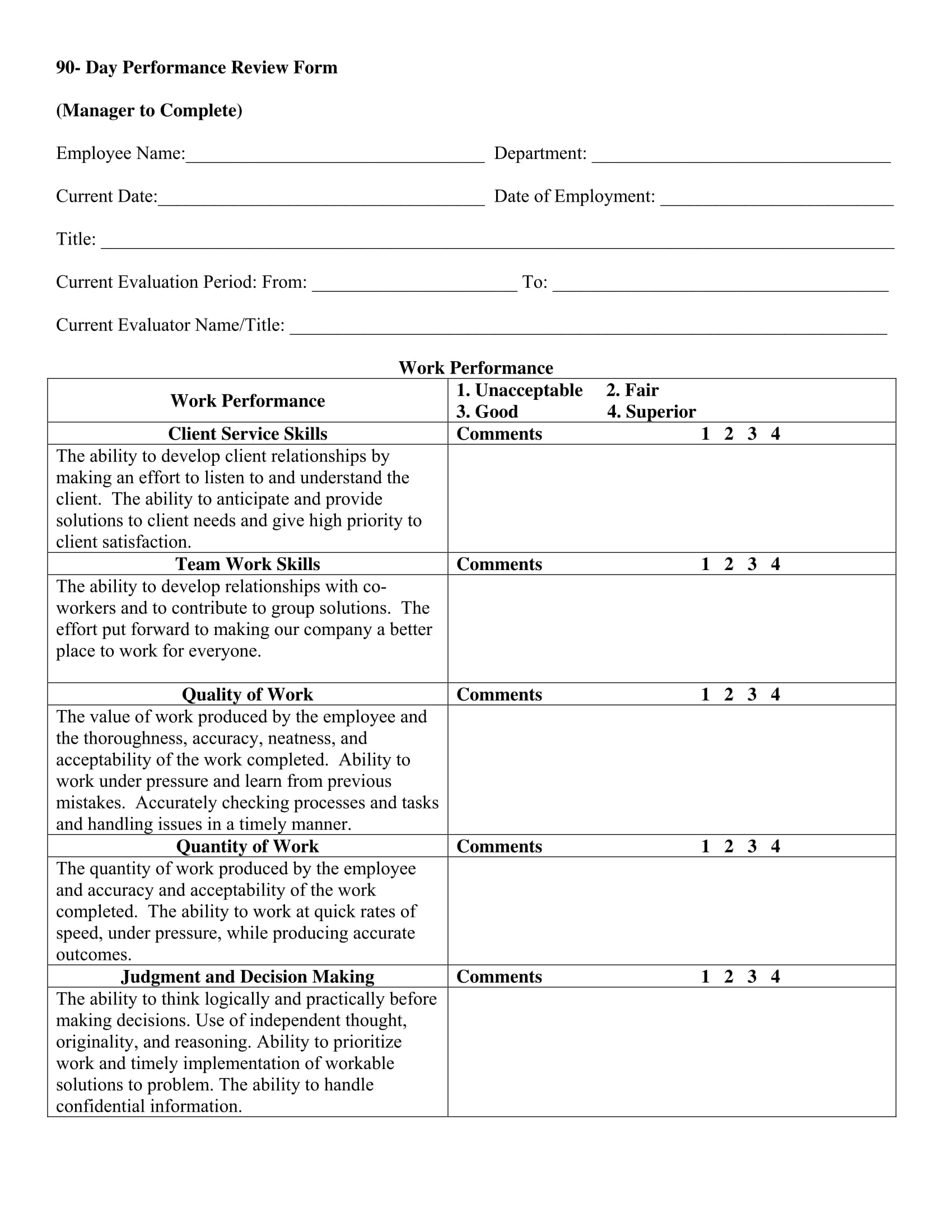 Free Printable 90 Day Inspection Forms