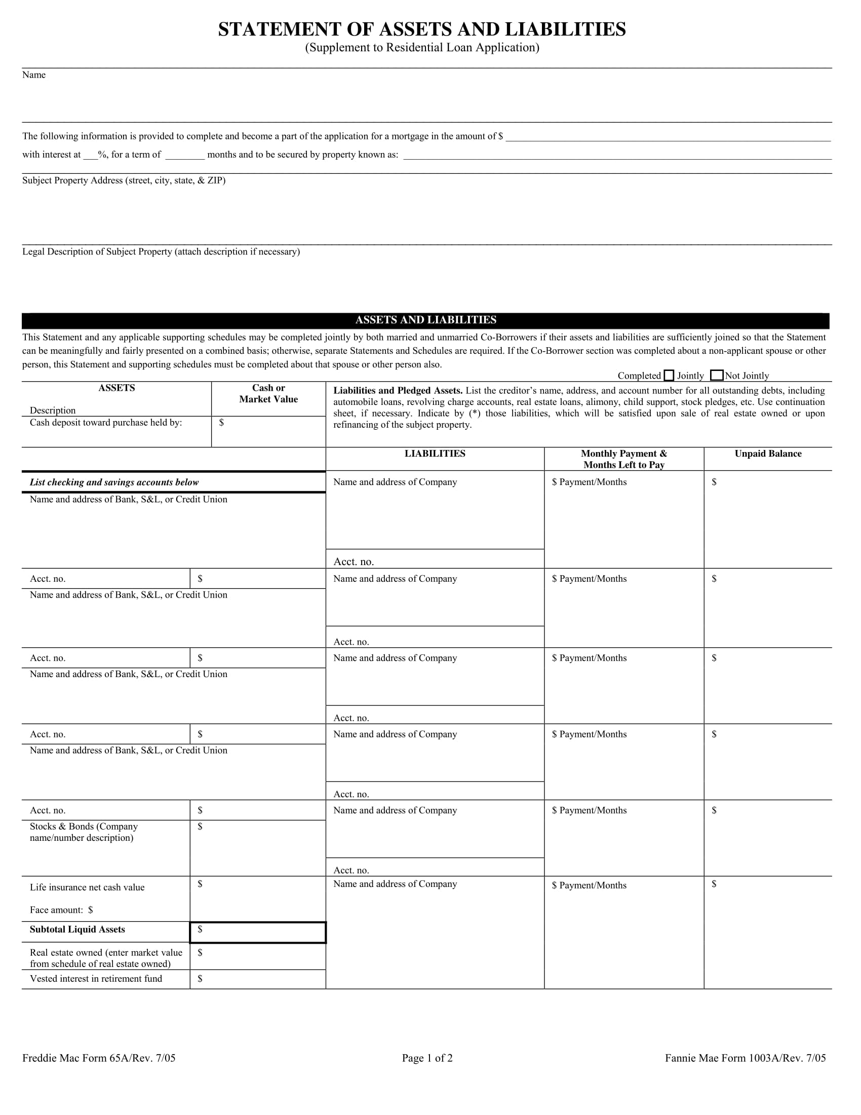 assets and liability statement form 1
