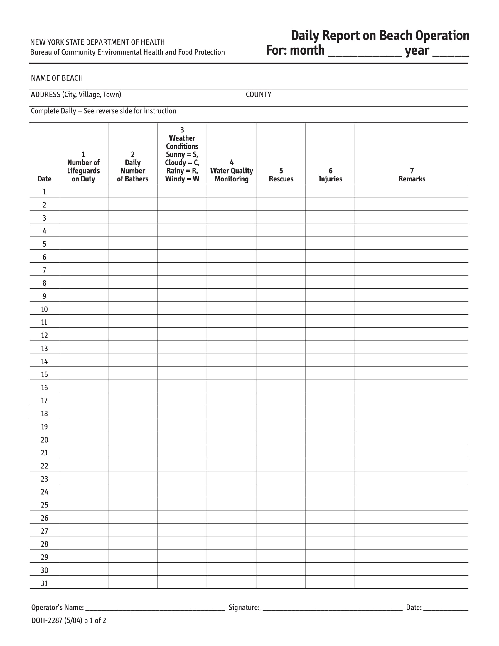 beach operation daily report form 1