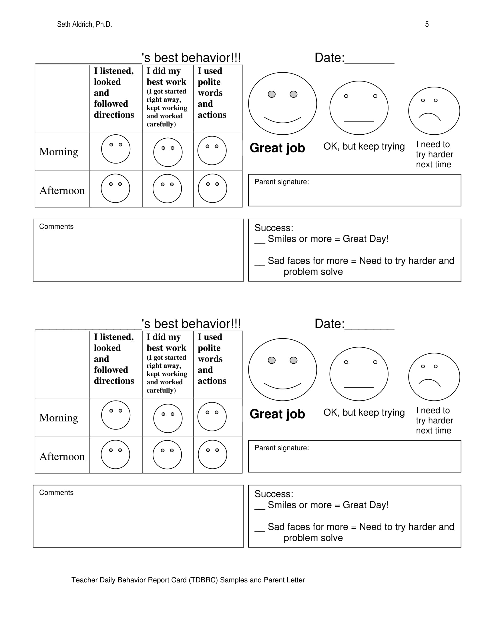 Daily Behavior Report Template 