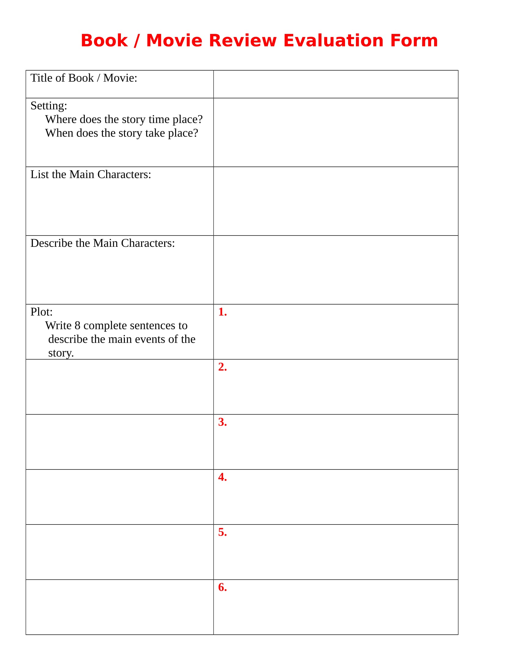book and movie evaluation form 1