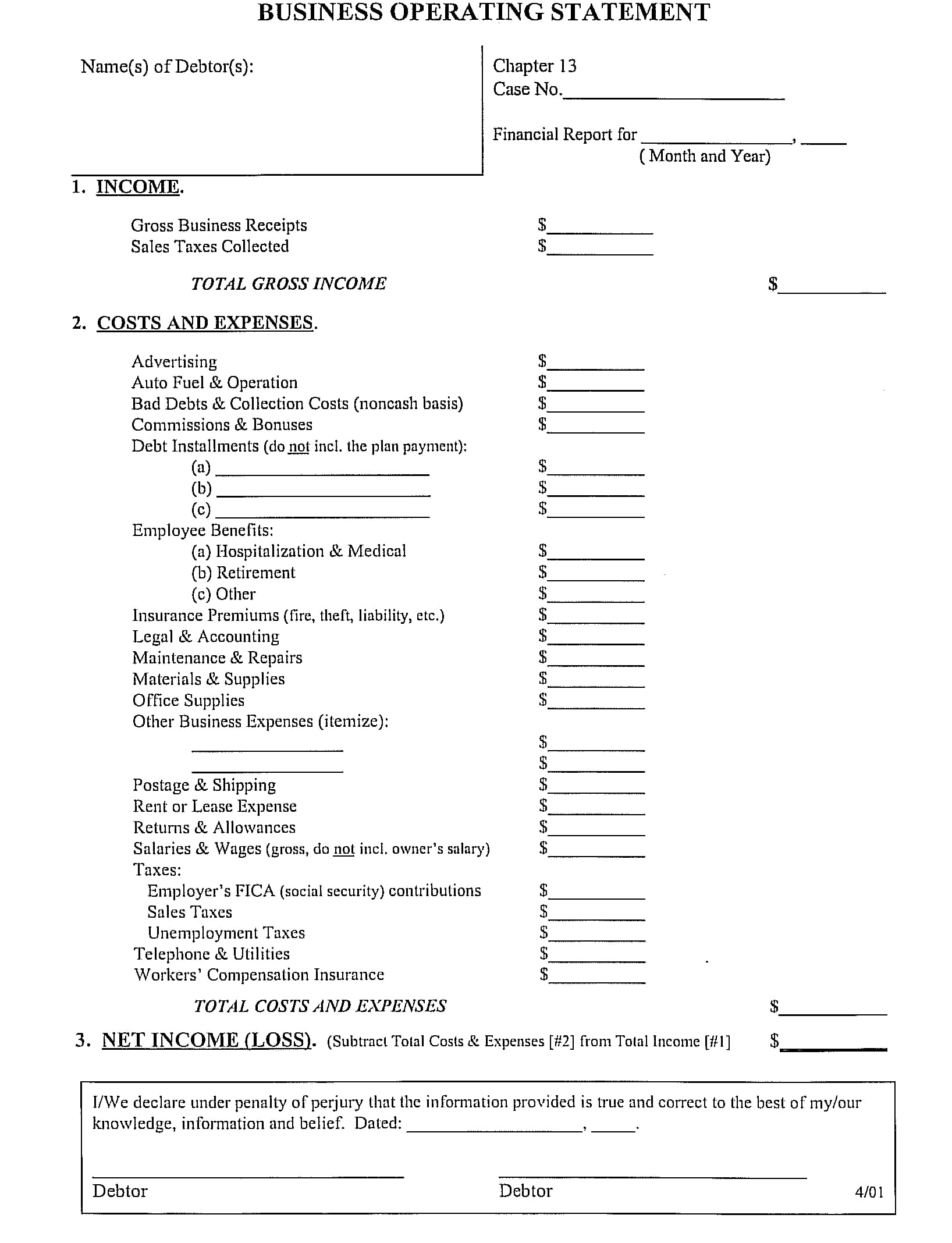 business operating statement form 1