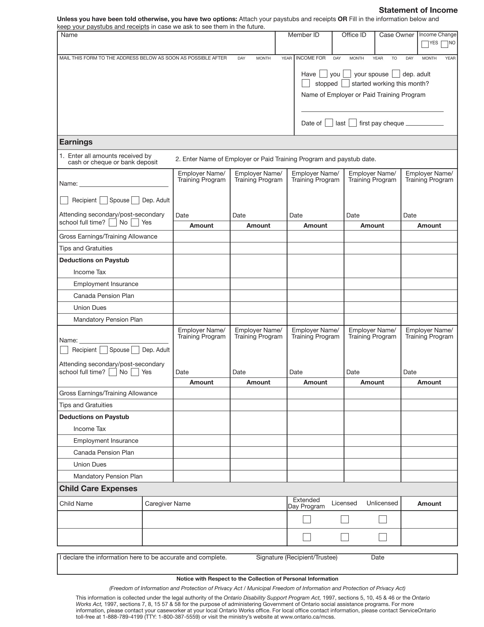 childcare expenses income statement form 1