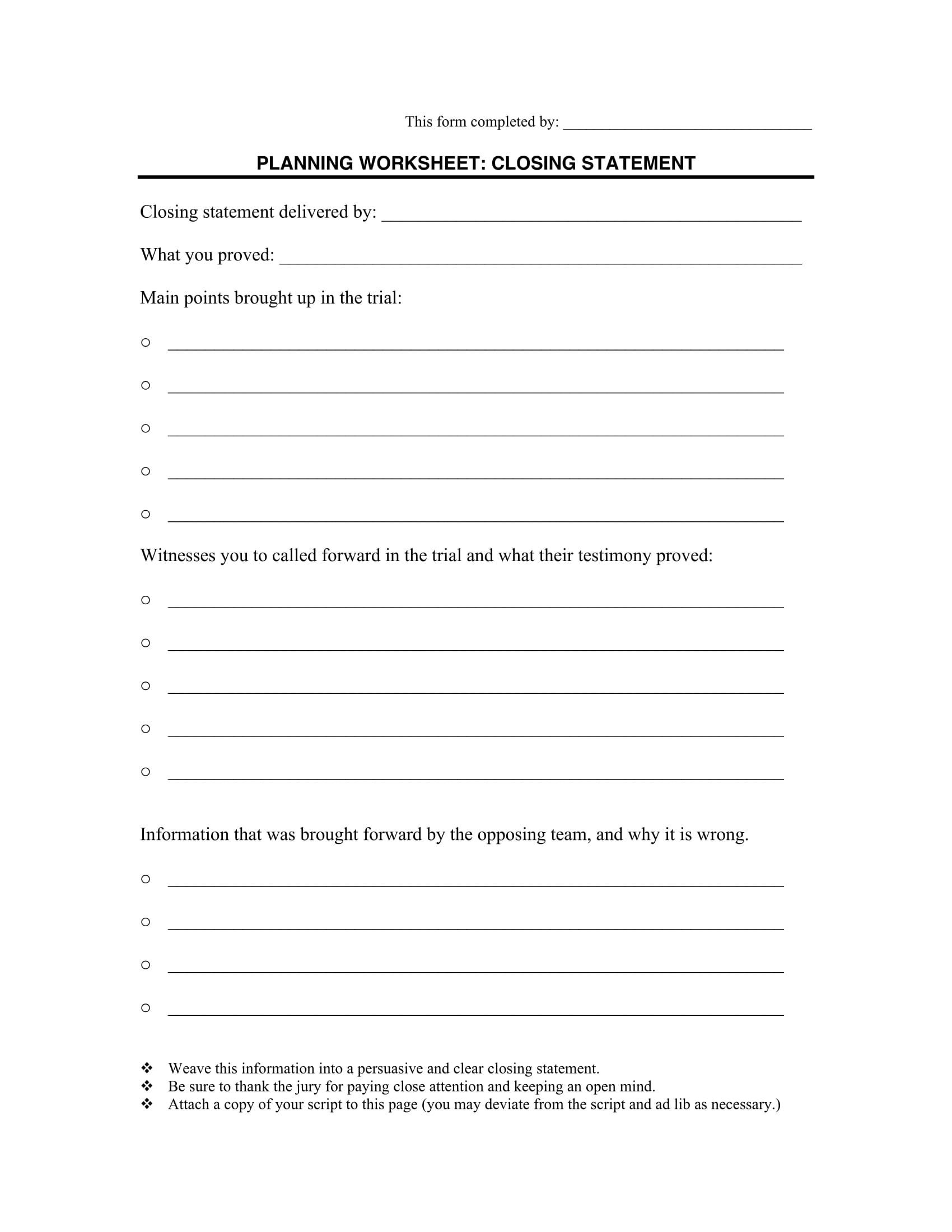 closing statement planning worksheet form 1