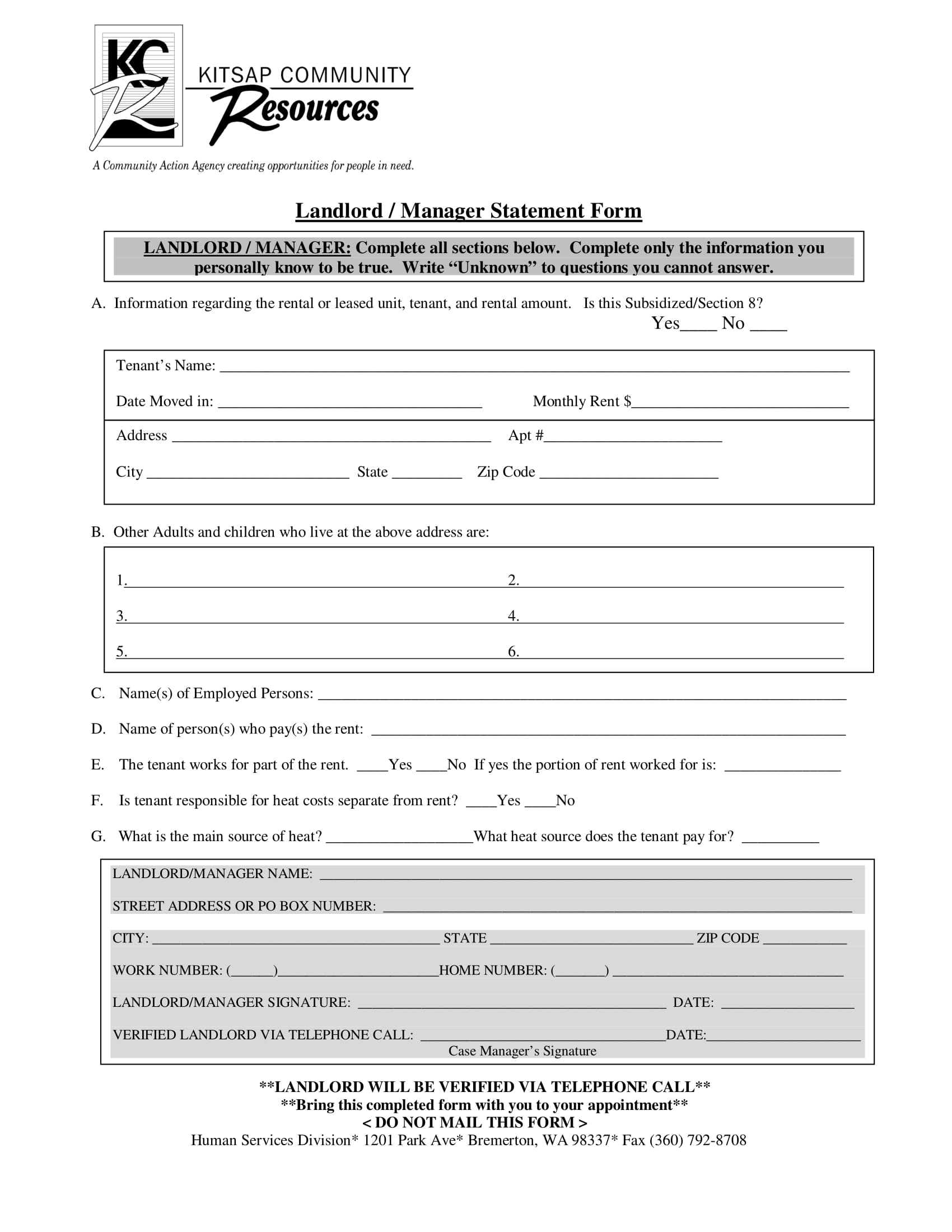 community landlord manager statement form 1