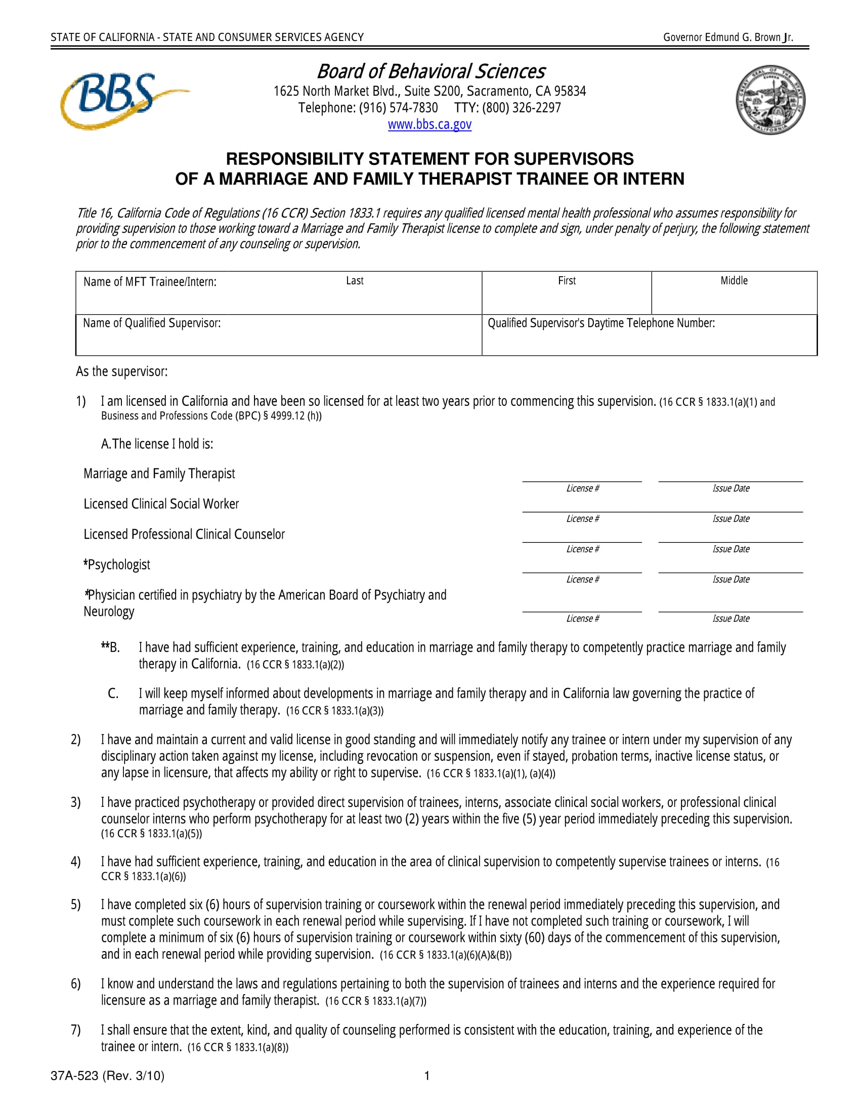 couneling responsibility statement form 1