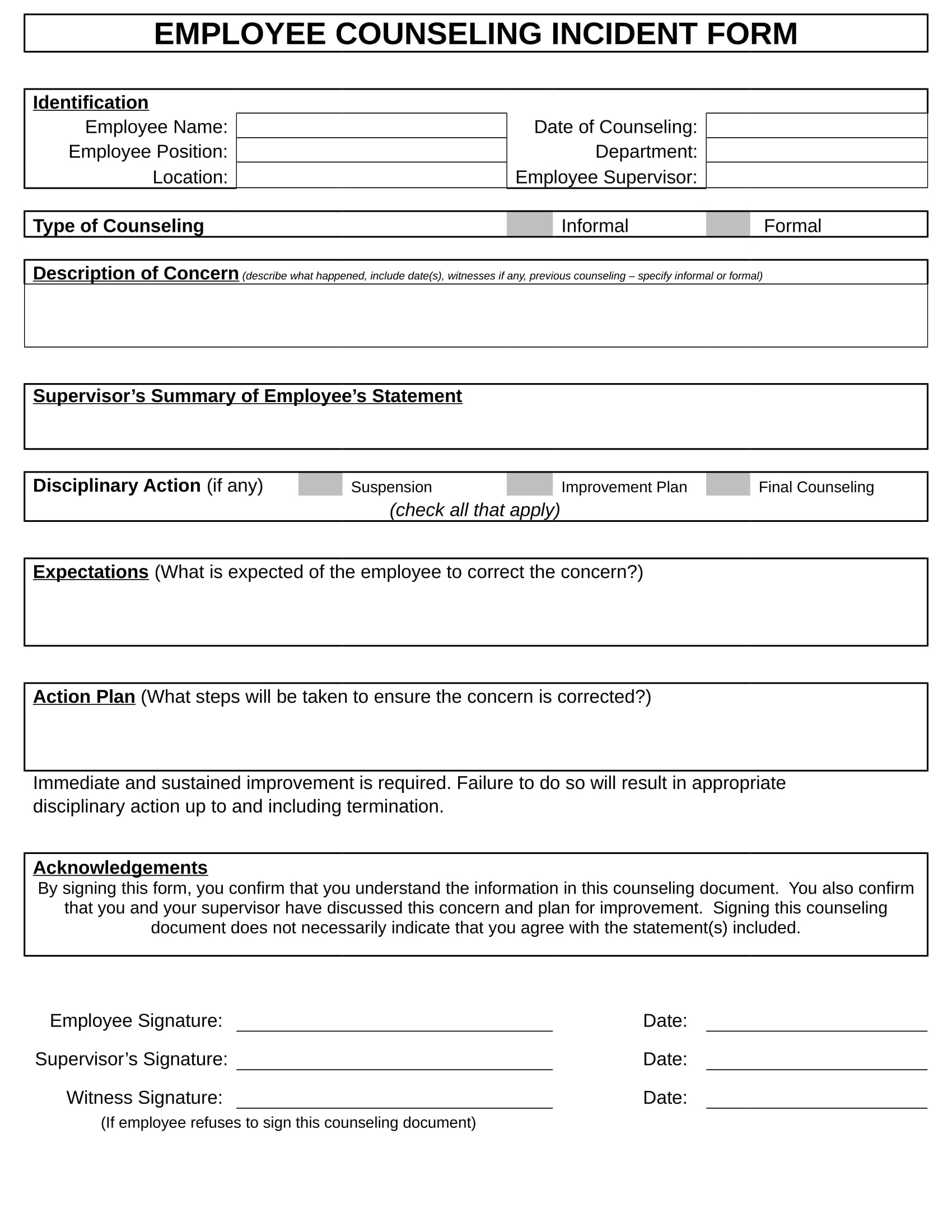 employee counseling incident statement form 1