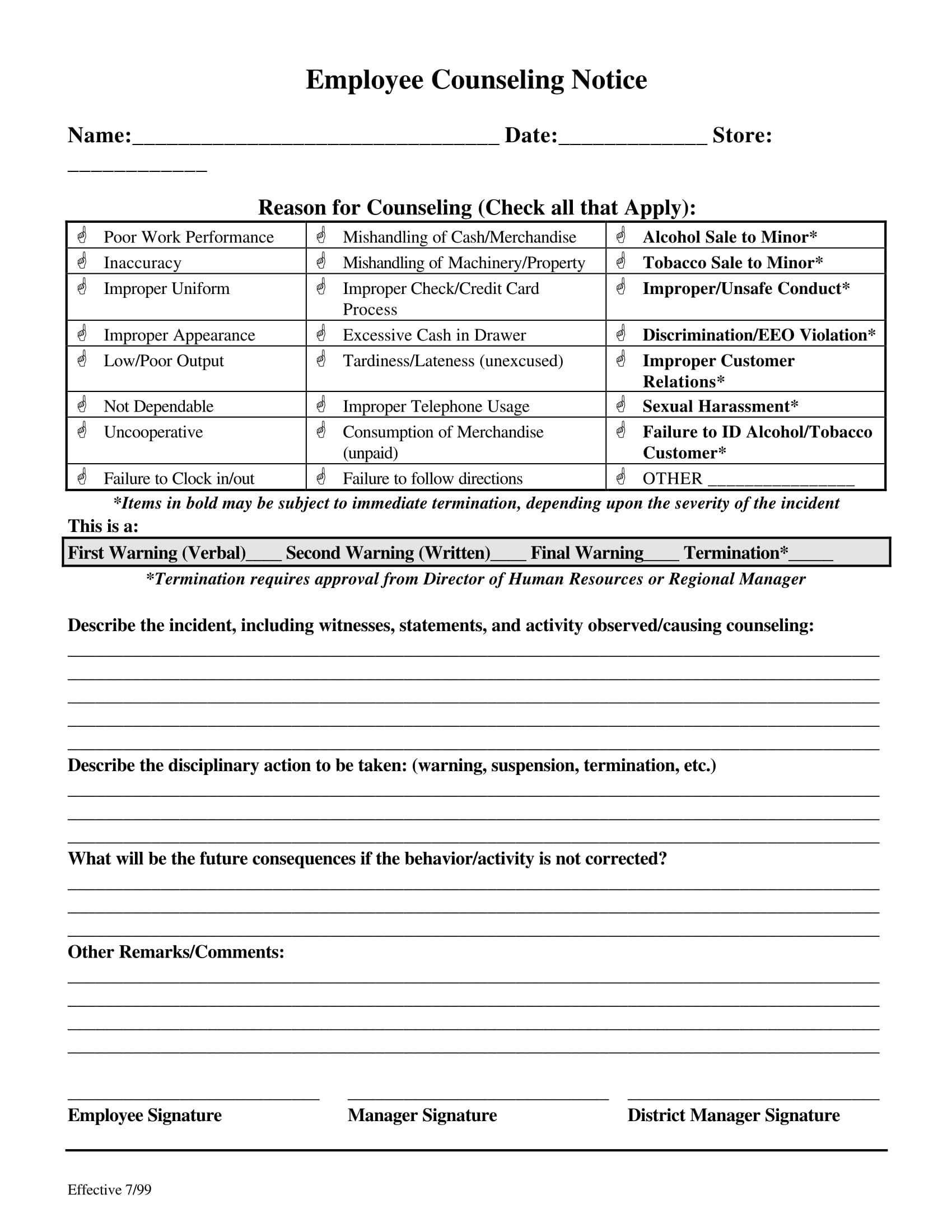 employee counseling notice form 1