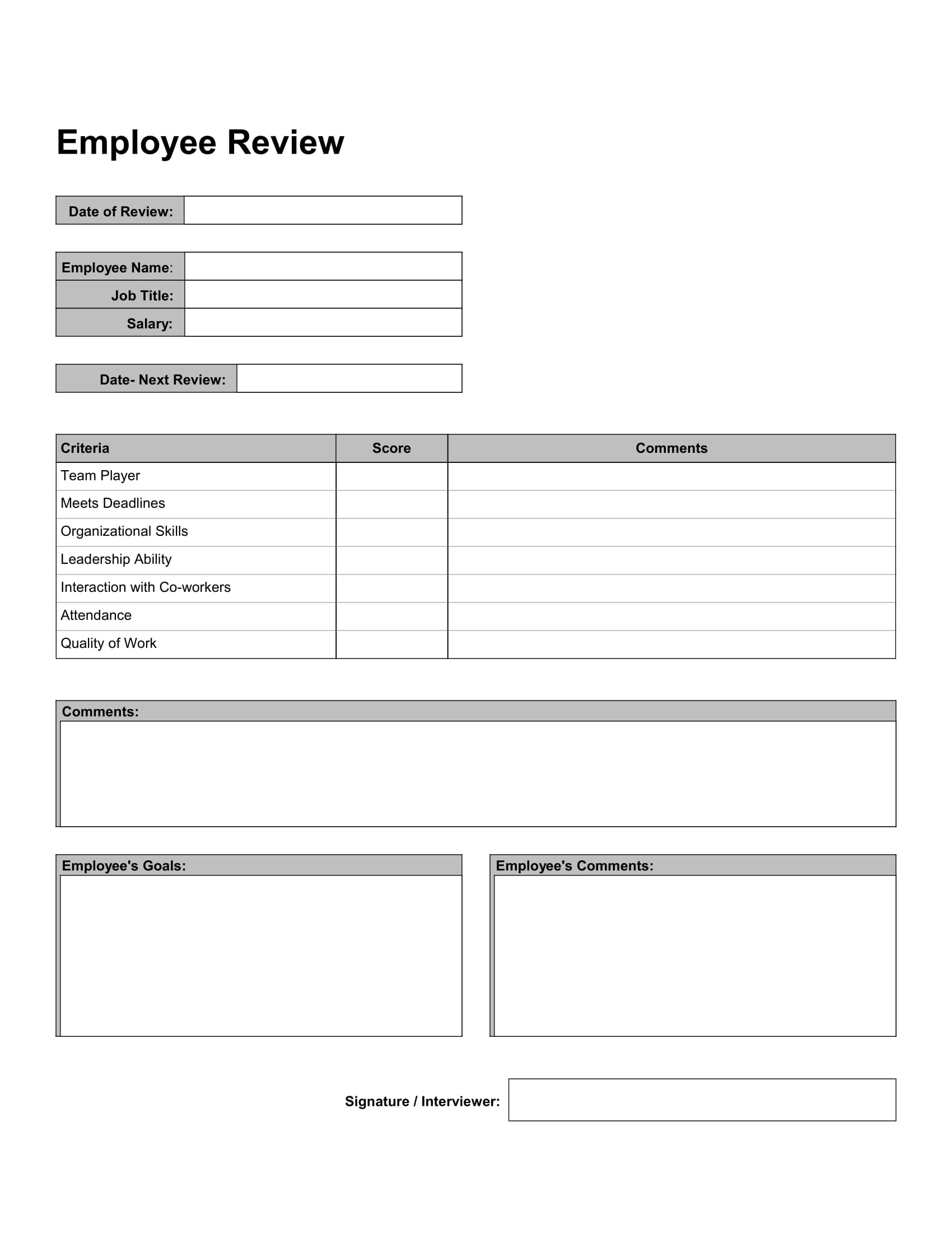 Printable Employee Review Template