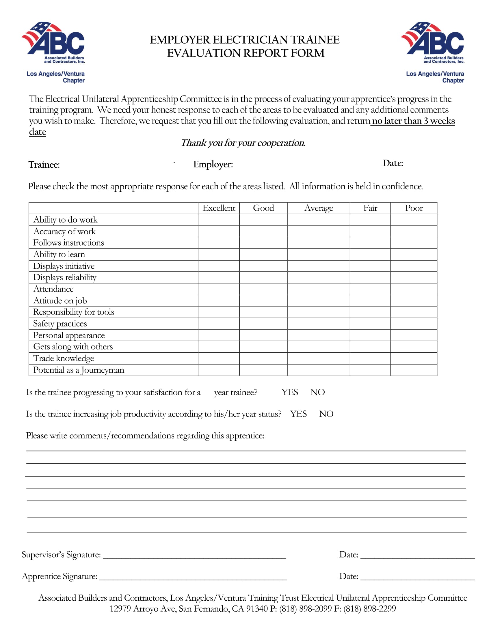 employer electrician trainee evaluation form 1