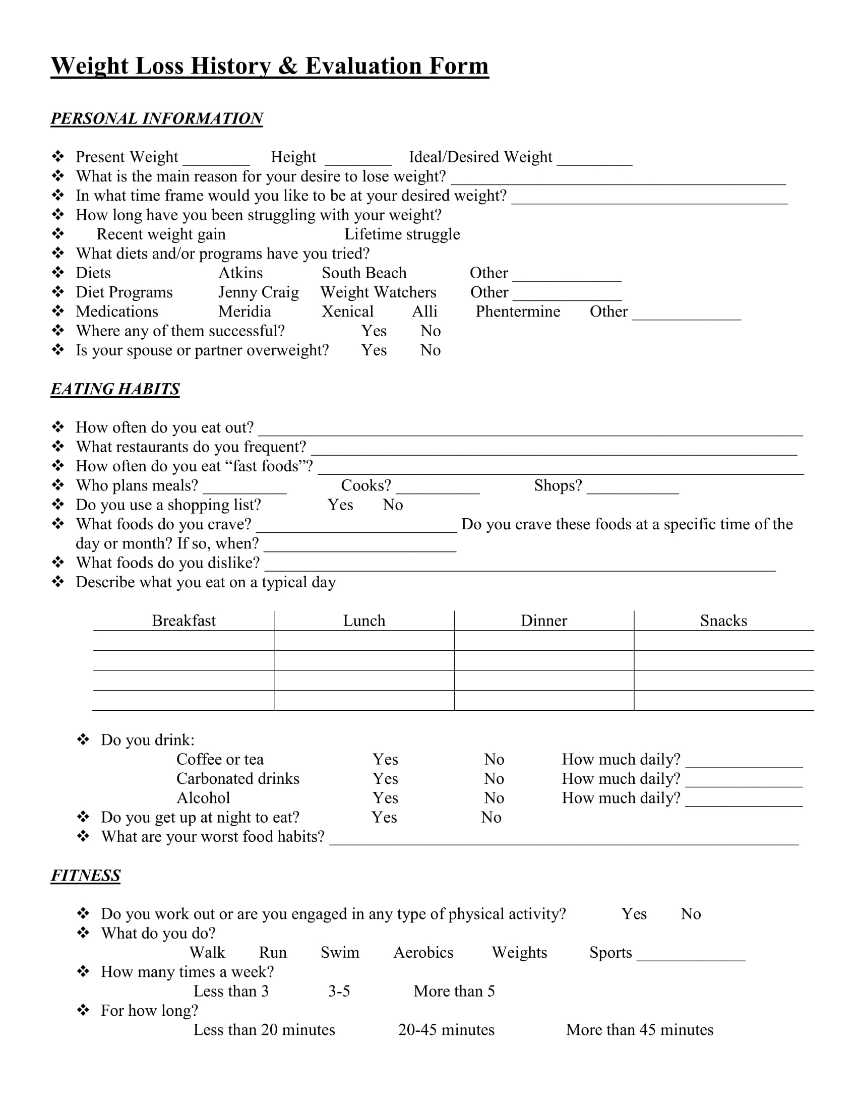 food habits evaluation form 1