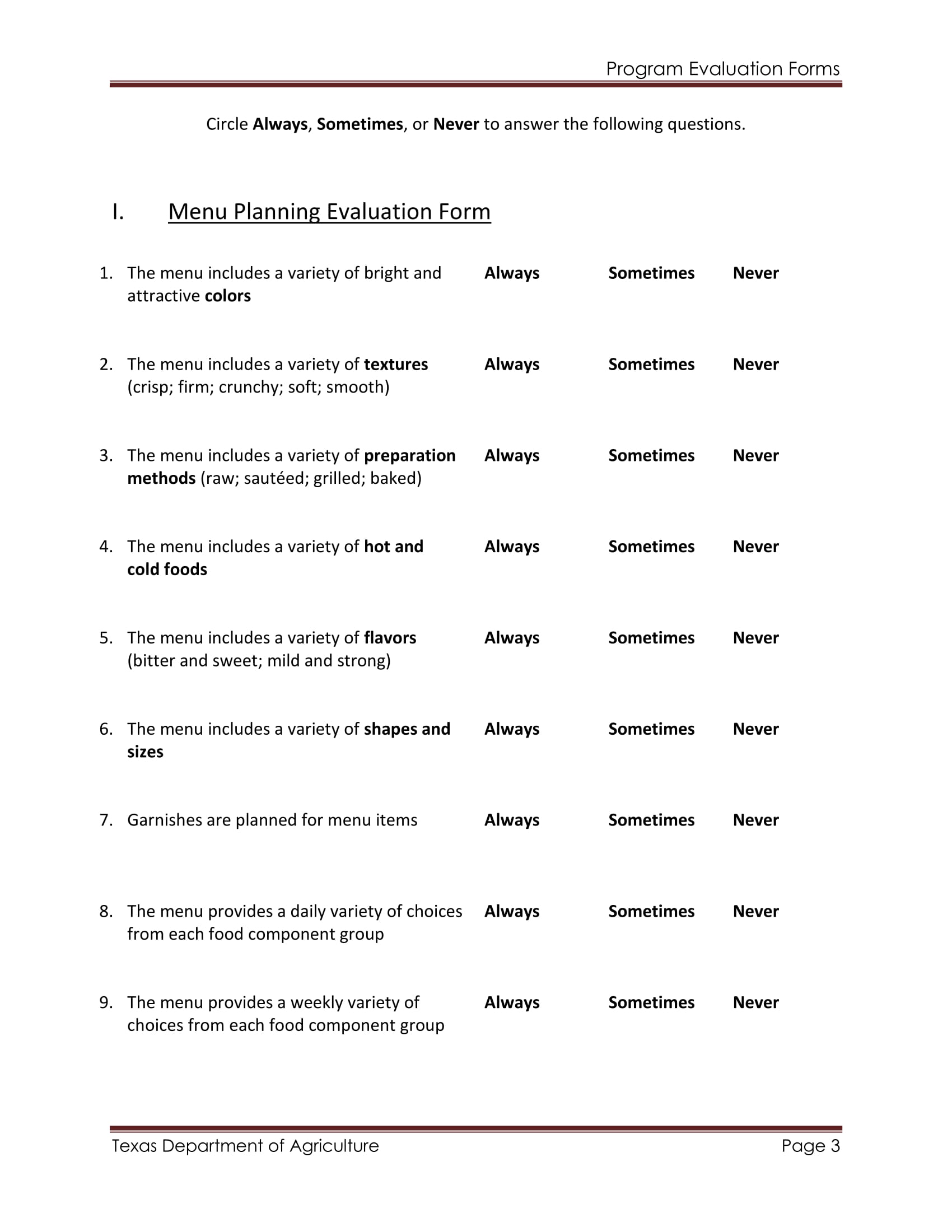 food menu planning evaluation form 3
