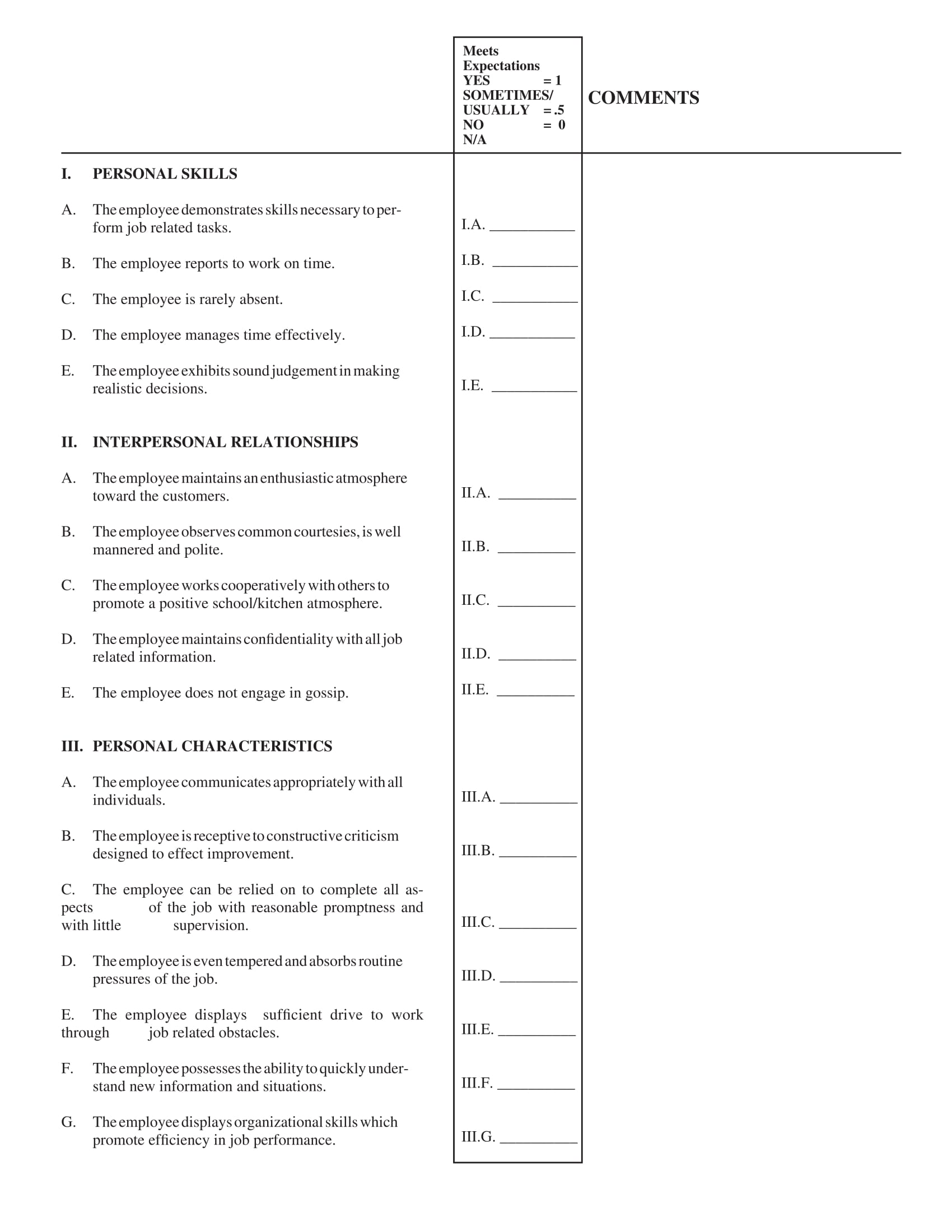 food service employee evaluation form 3
