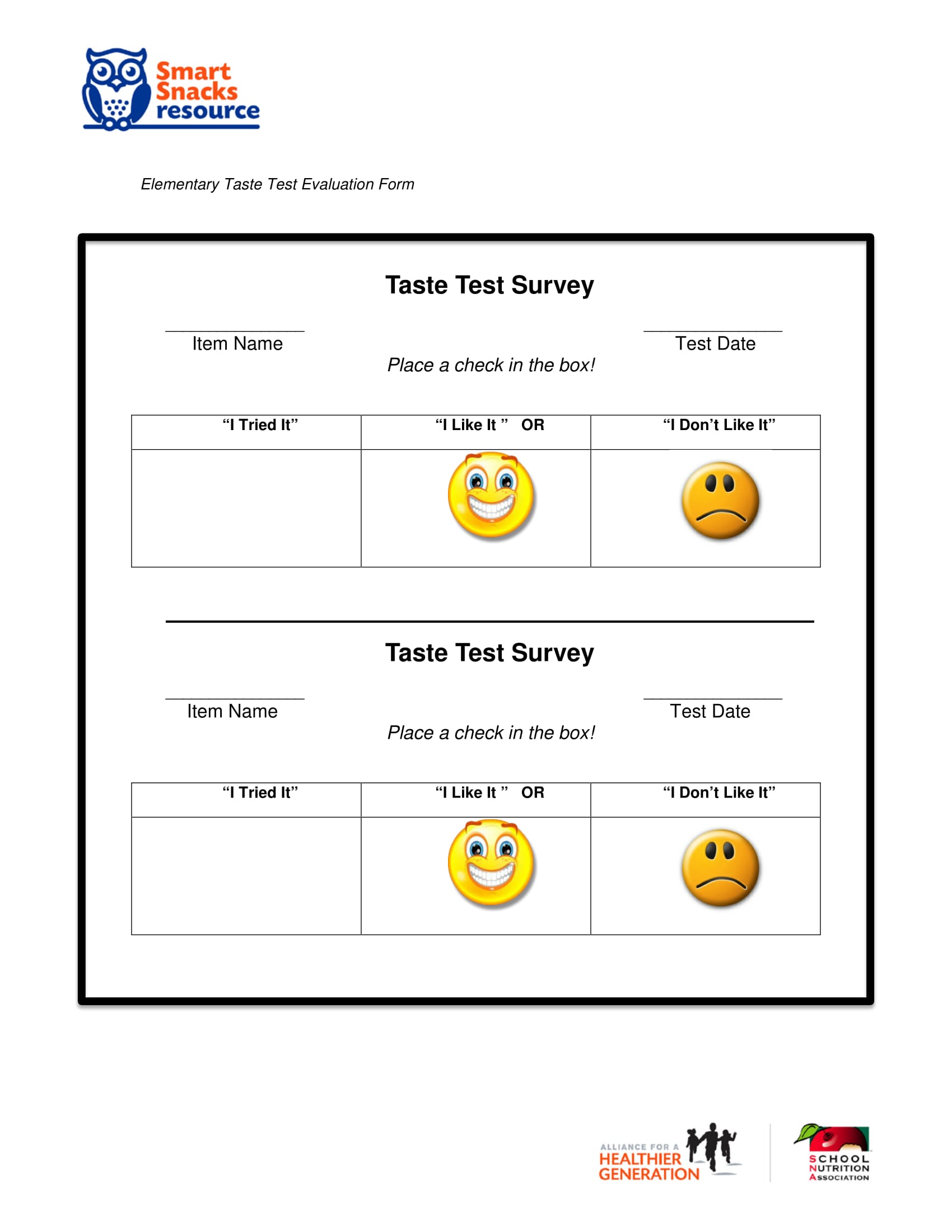 Taste Test Evaluation Form