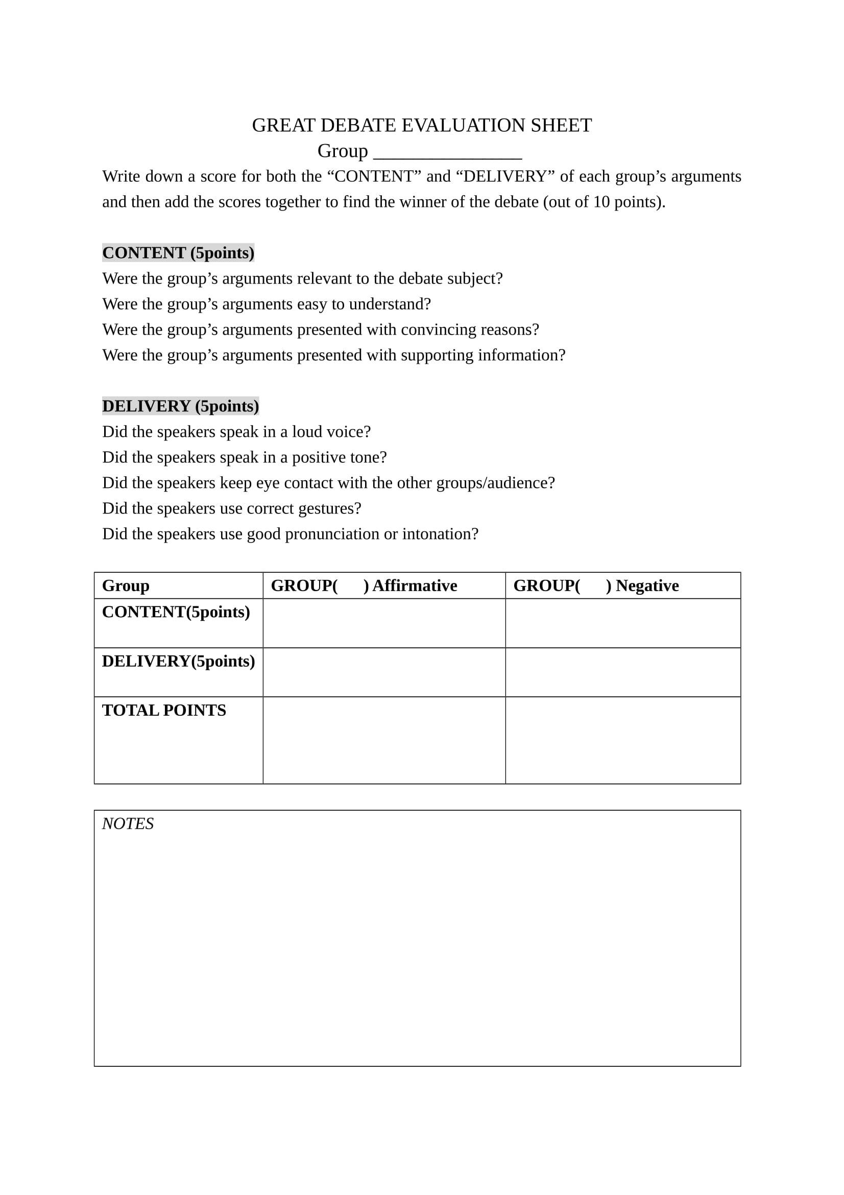 FREE 23+ Debate Evaluation Forms in PDF  MS Word Regarding Debate Notes Template