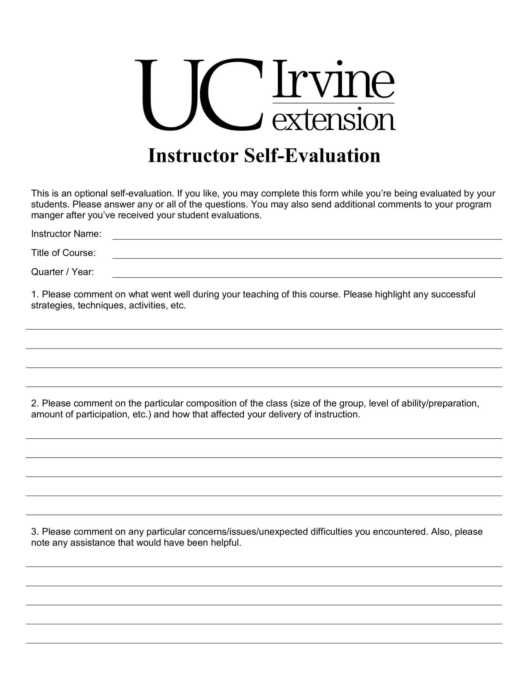 instructor self evaluation form 1