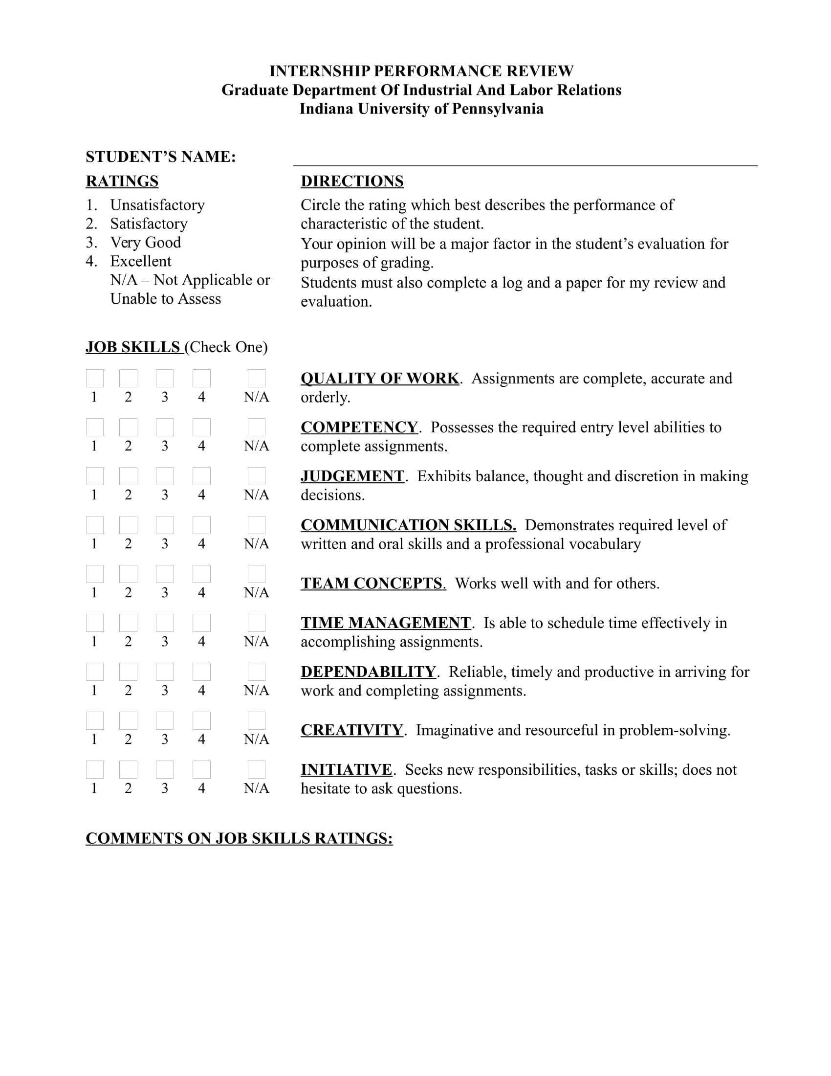 internship performance review form 1