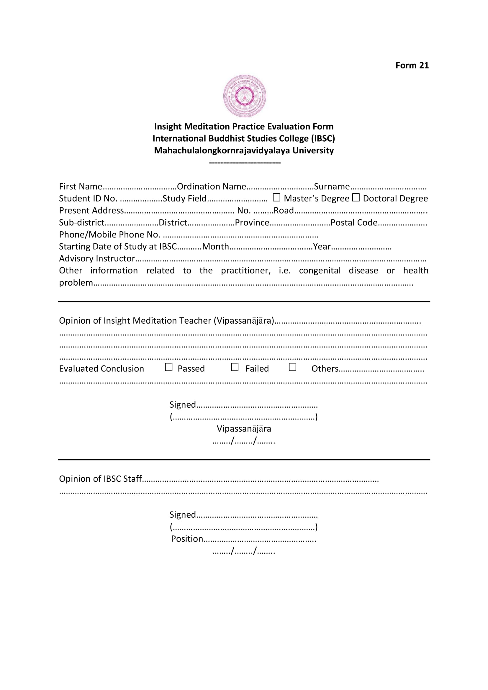 meditation retreat evaluation form 1