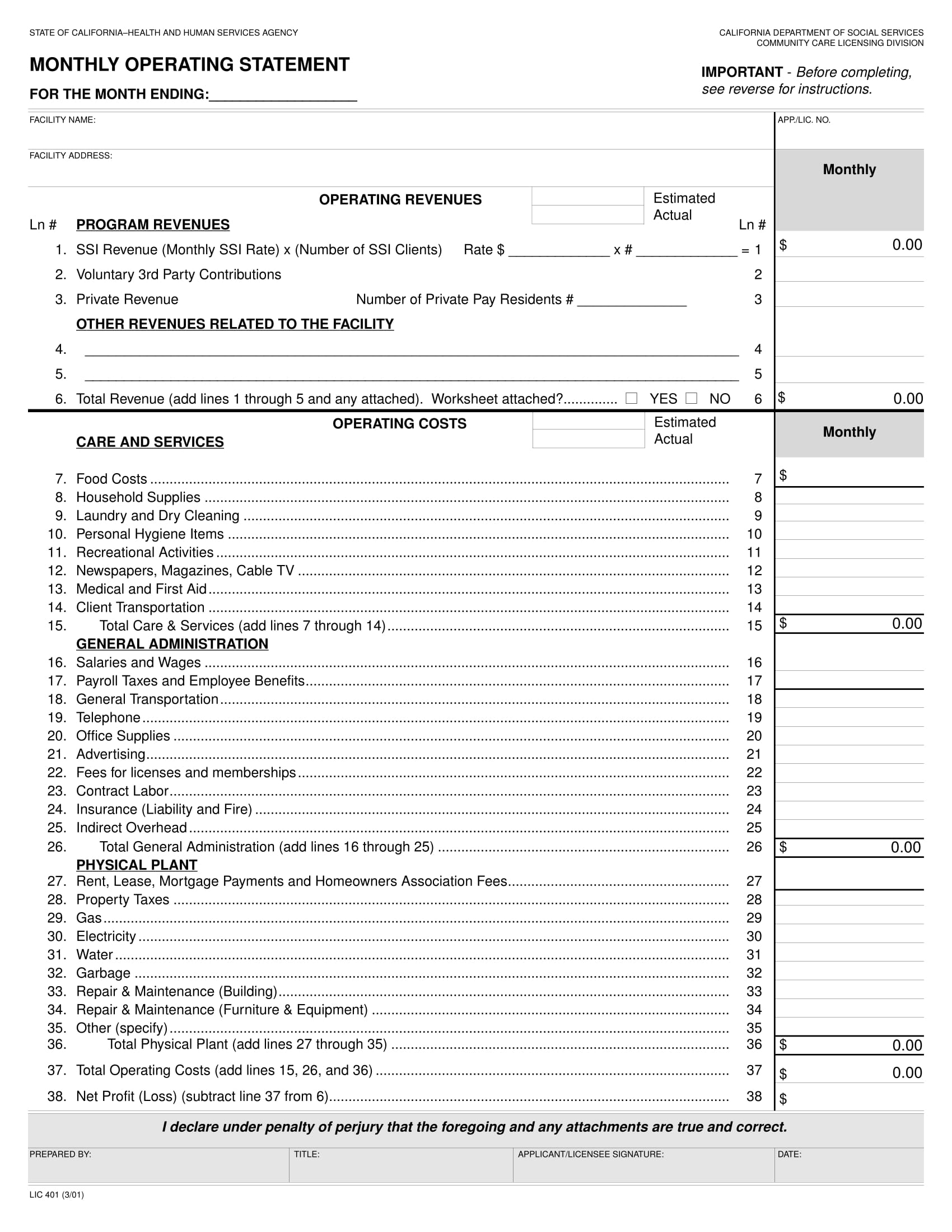 monthly operating statement form 1