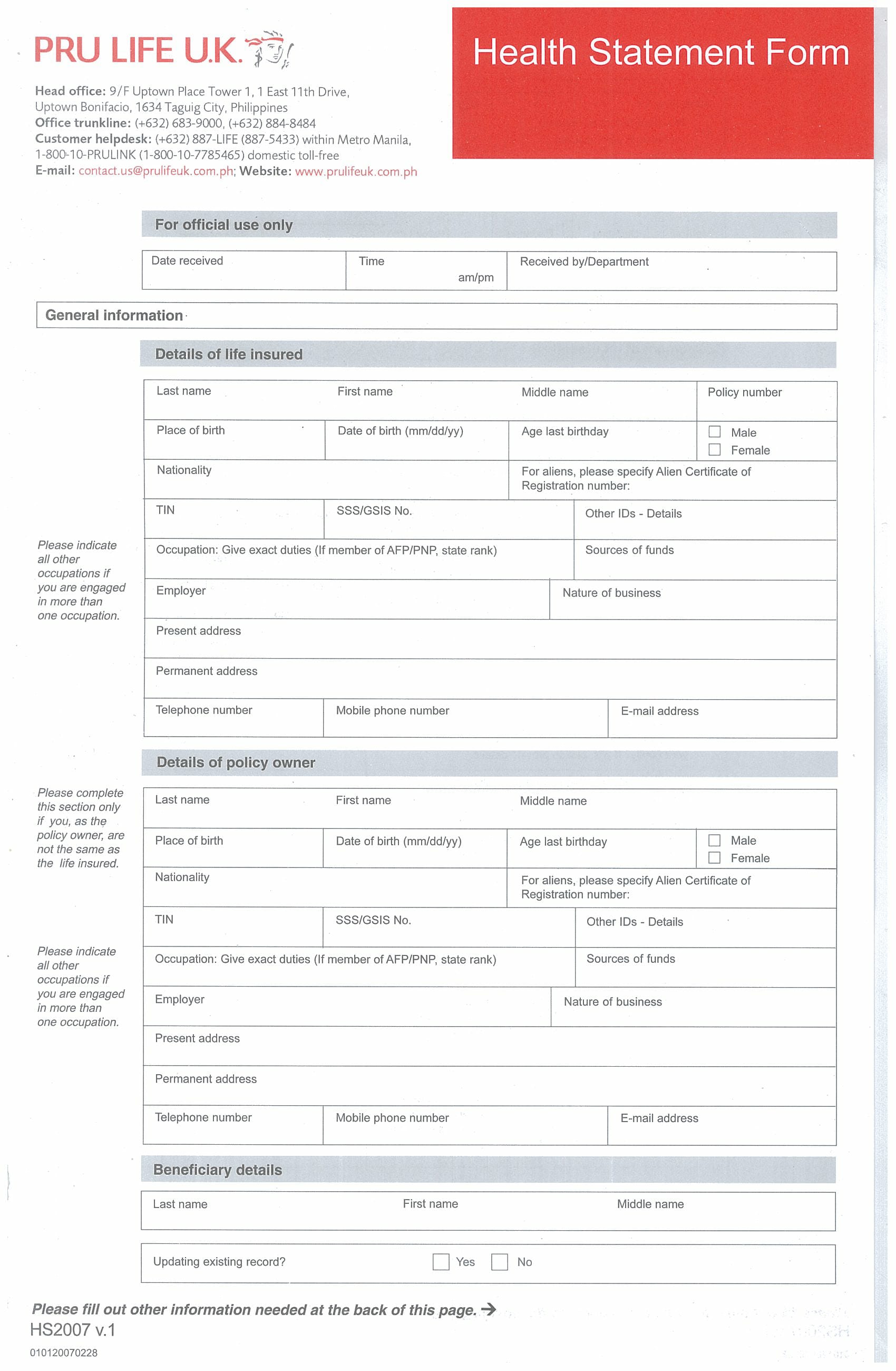 official health statement form 1