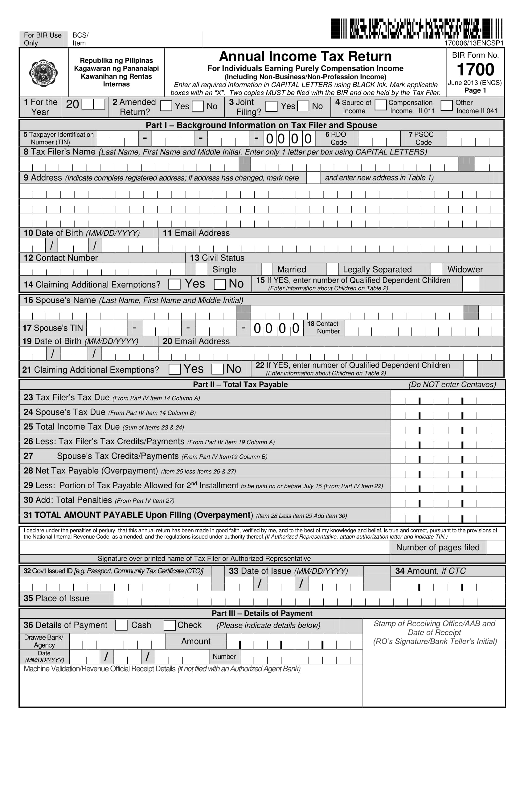 official income tax statement form 1